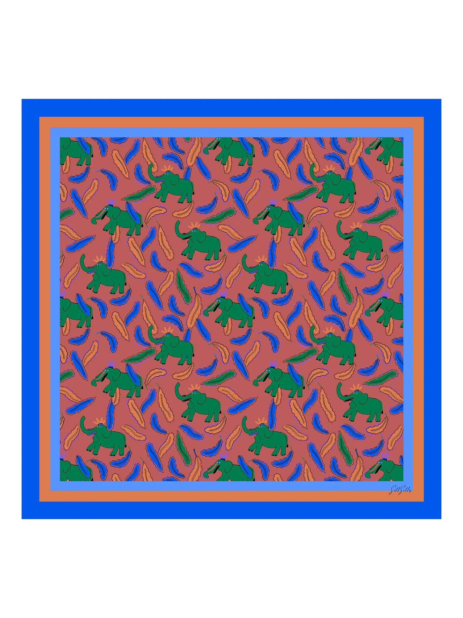 Halsduk I 100 Procent Mullbärssilke Med Elefantmönster Storlek 90 x 90 cm