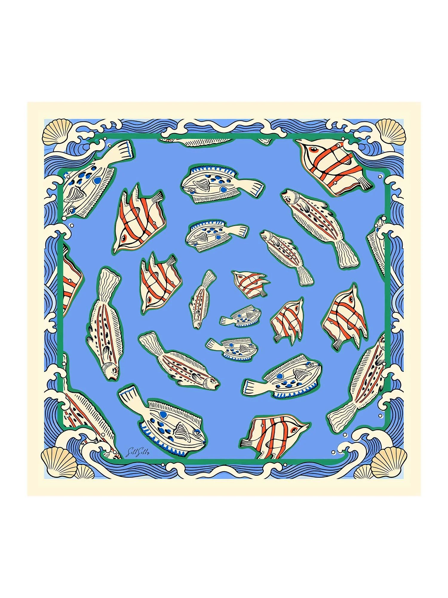 100 Procent Mullbärssiden Scarf Med Fiskmönster Storlek 90 X 90 cm