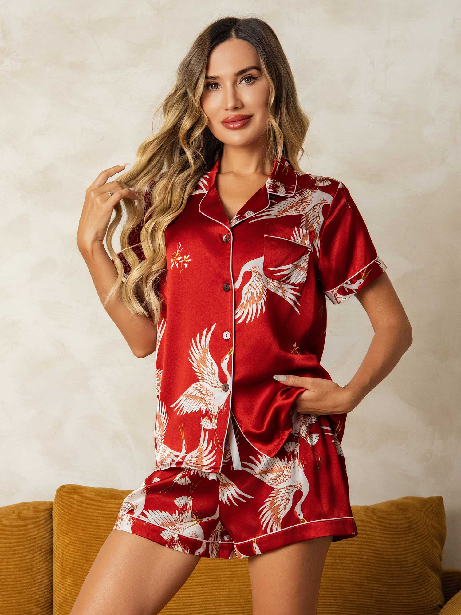 19Momme Ren Siden Kortärmad Notch Krage Dam Pyjamas Set Med Trana Tryck - Image 16