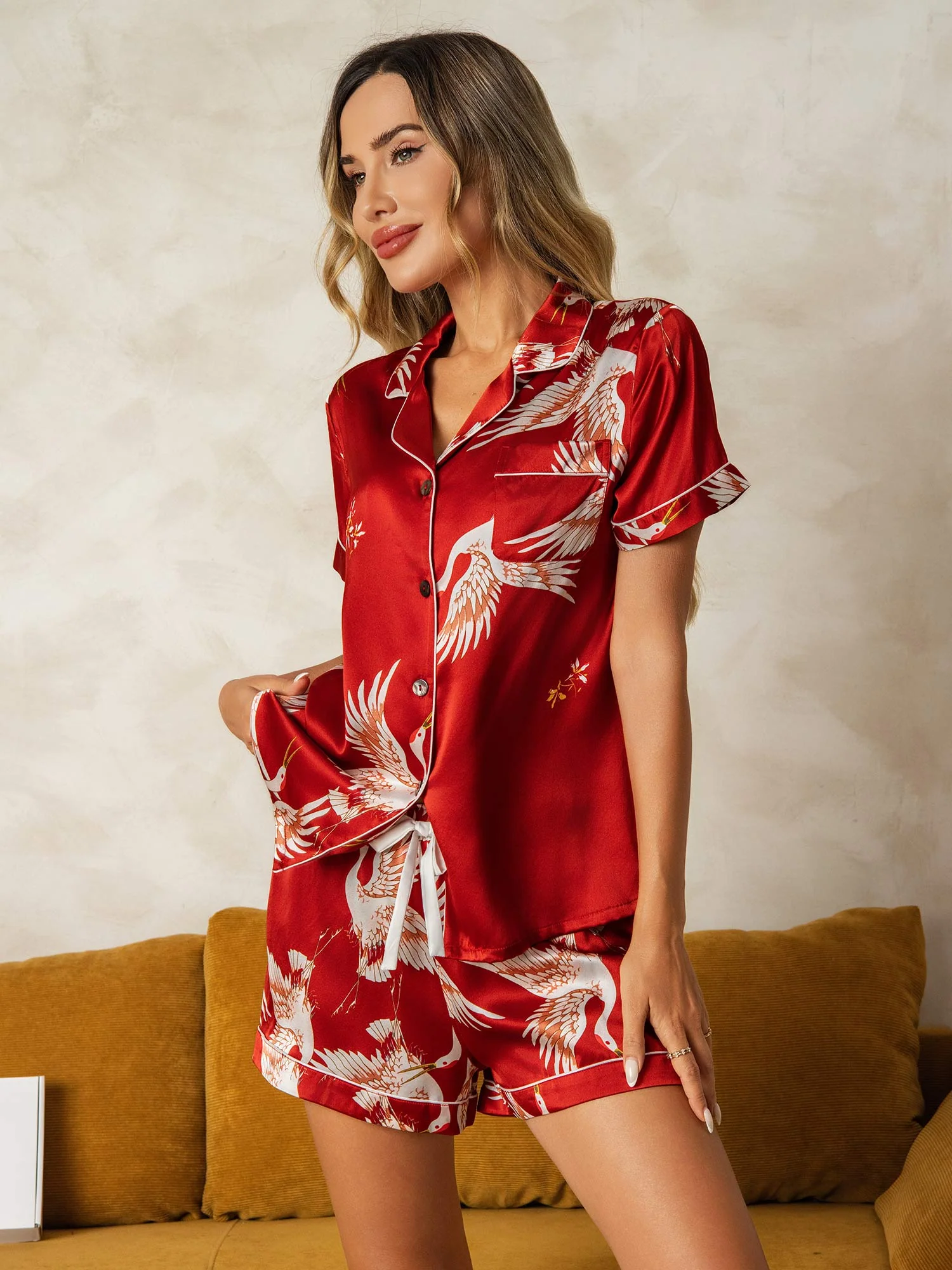 19Momme Ren Siden Kortärmad Notch Krage Dam Pyjamas Set Med Trana Tryck - Image 18