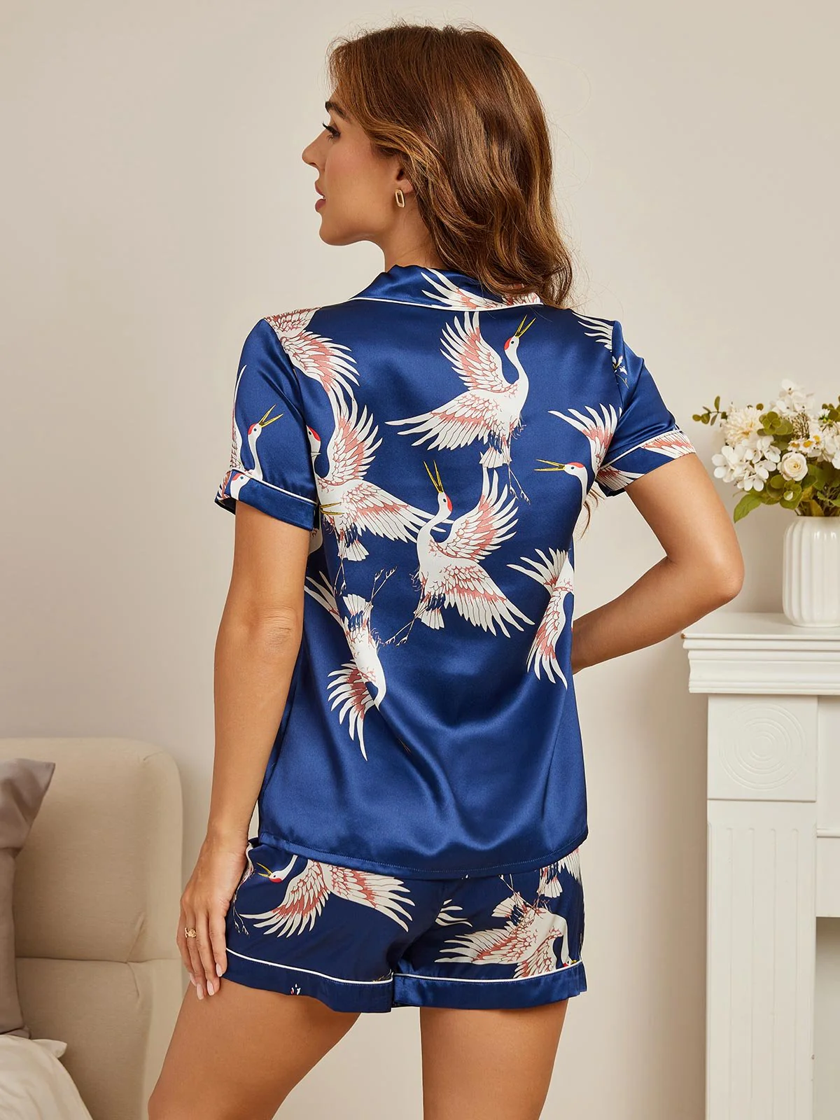 19Momme Ren Siden Kortärmad Notch Krage Dam Pyjamas Set Med Trana Tryck - Image 2