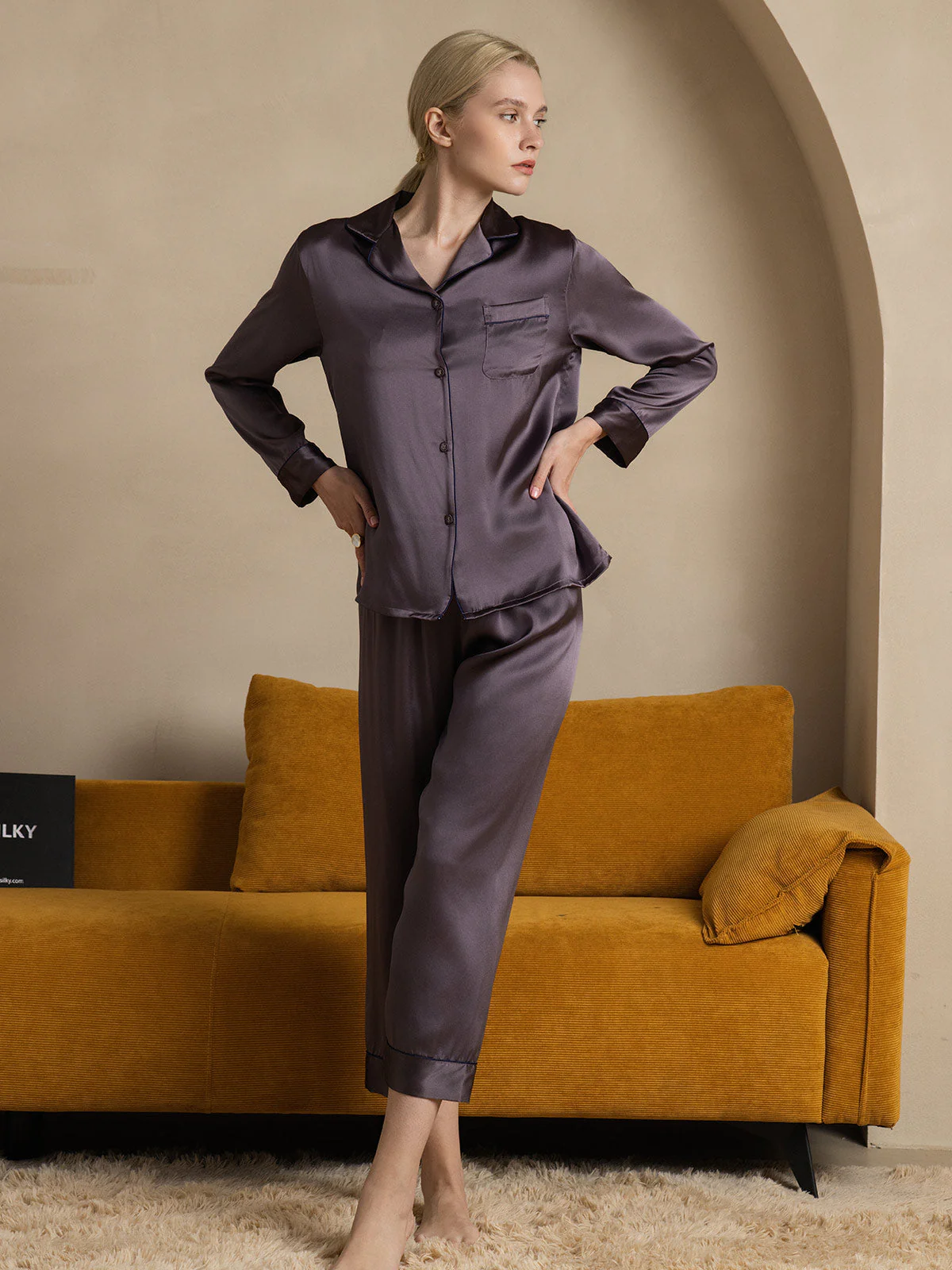 Binding Trim Klassisk Rent Silke Pyjamasset - Image 45
