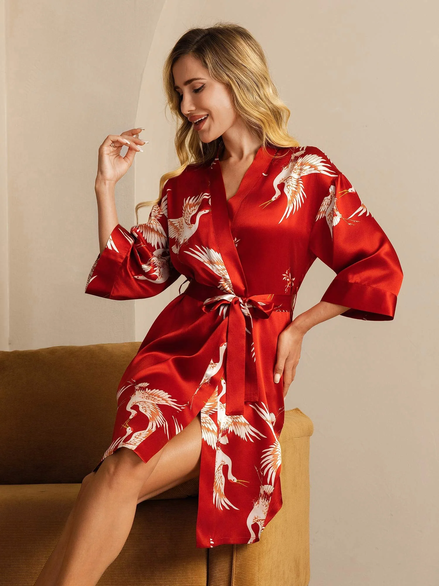 19Momme Pure Silk Crane Print Bälte Wrap Kvinna Kimono Robe