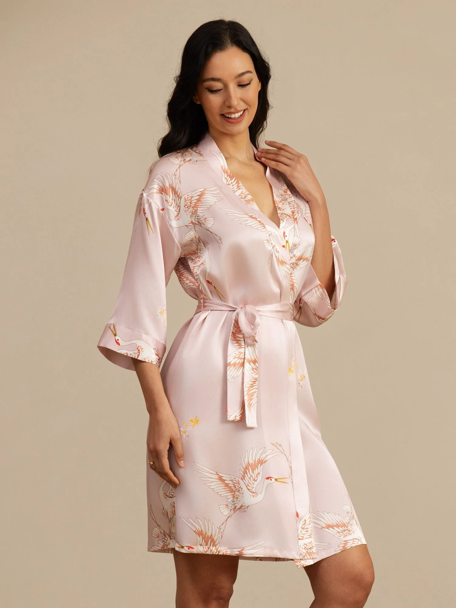 19Momme Pure Silk Crane Print Bälte Wrap Kvinna Kimono Robe - Image 15