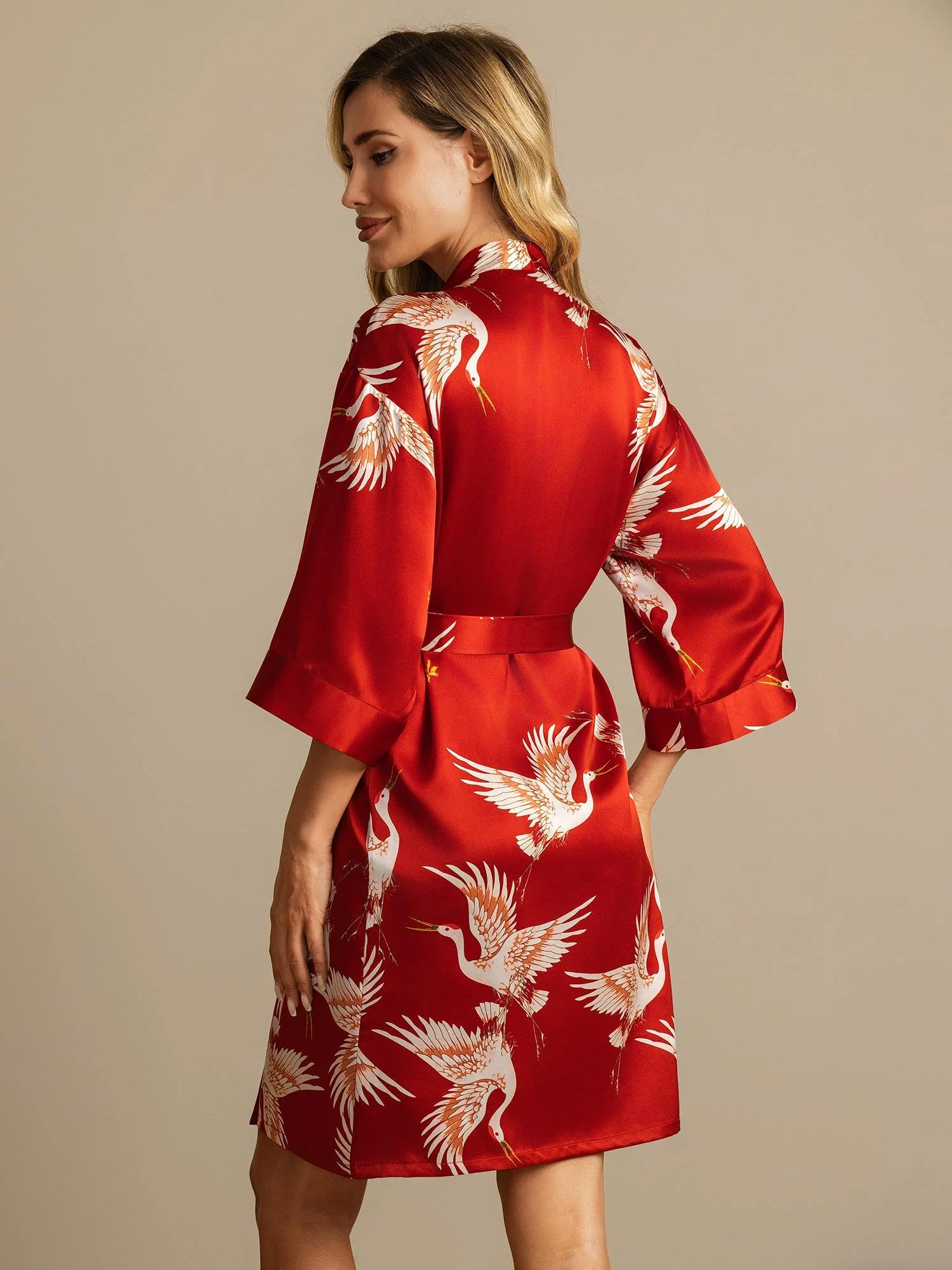 19Momme Pure Silk Crane Print Bälte Wrap Kvinna Kimono Robe - Image 2