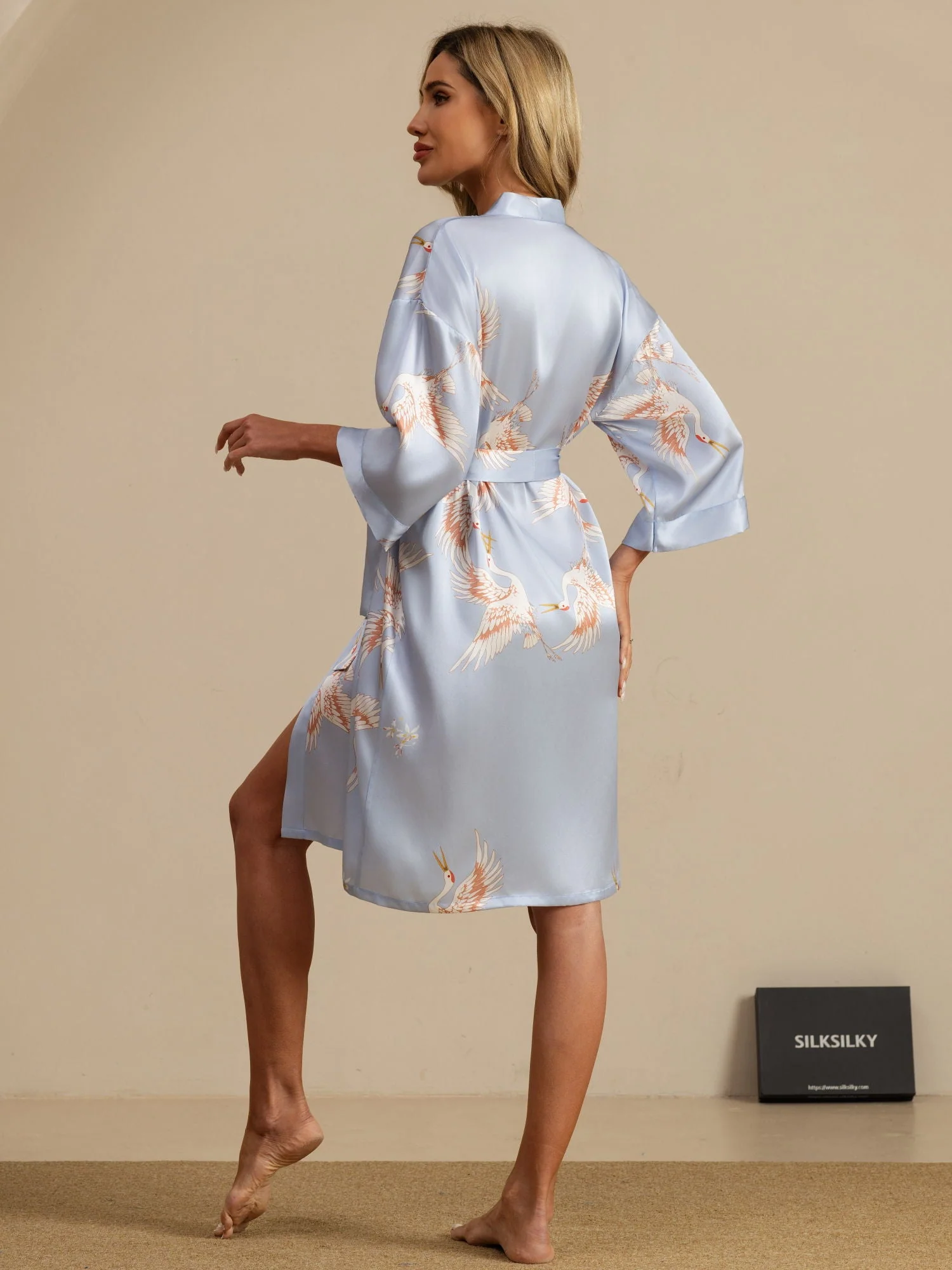 19Momme Pure Silk Crane Print Bälte Wrap Kvinna Kimono Robe - Image 32