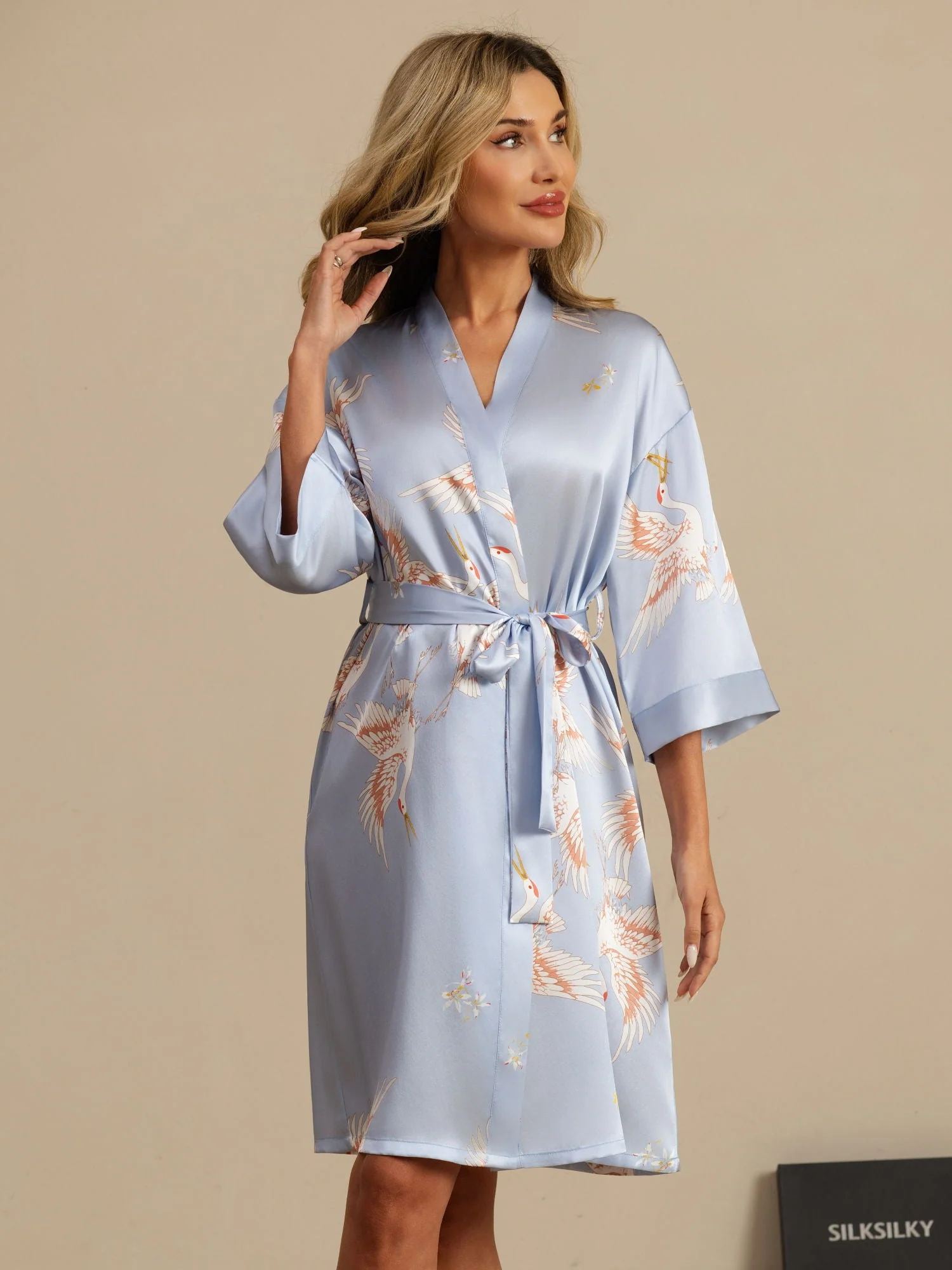 19Momme Pure Silk Crane Print Bälte Wrap Kvinna Kimono Robe - Image 33