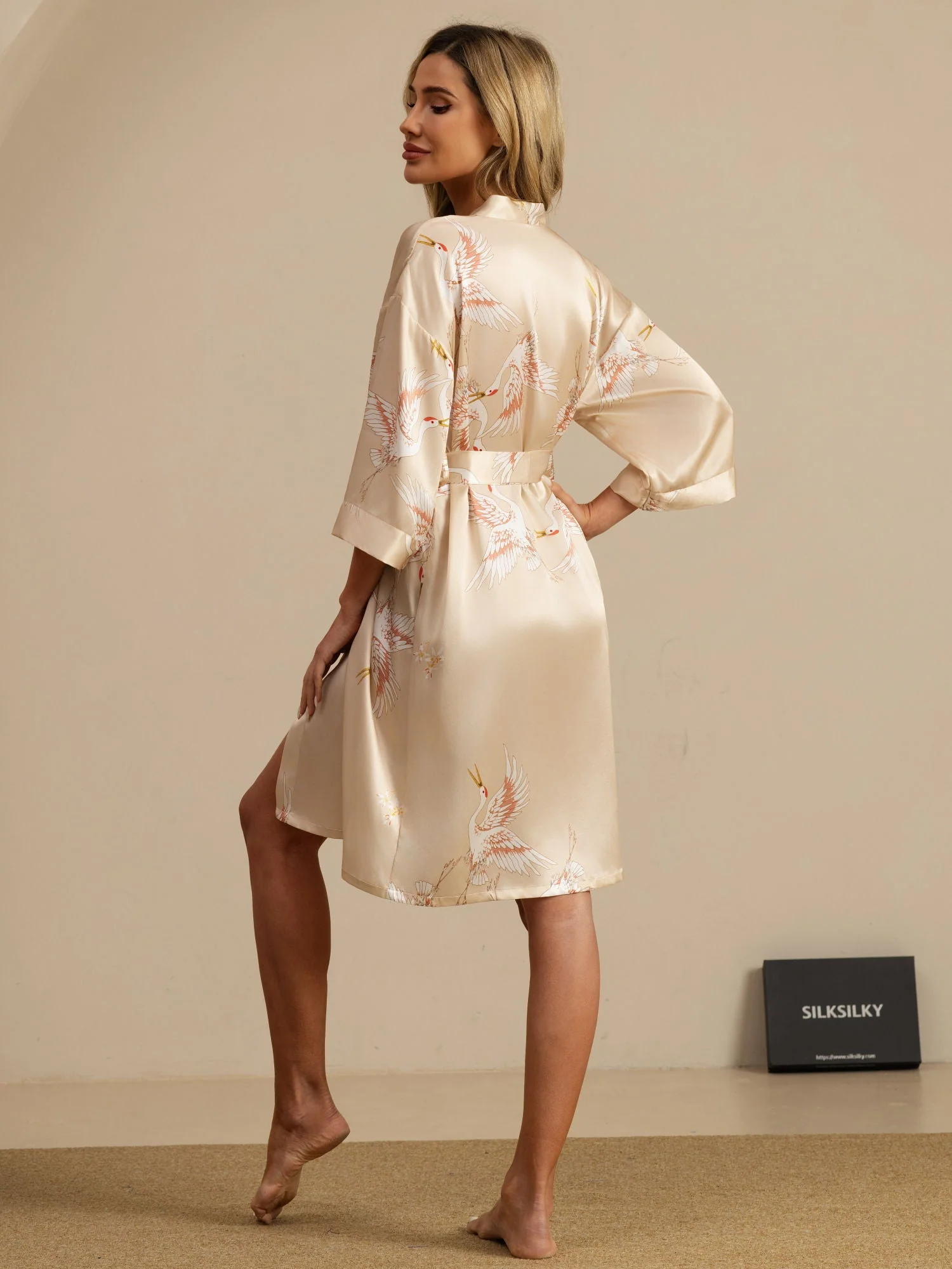 19Momme Pure Silk Crane Print Bälte Wrap Kvinna Kimono Robe - Image 38