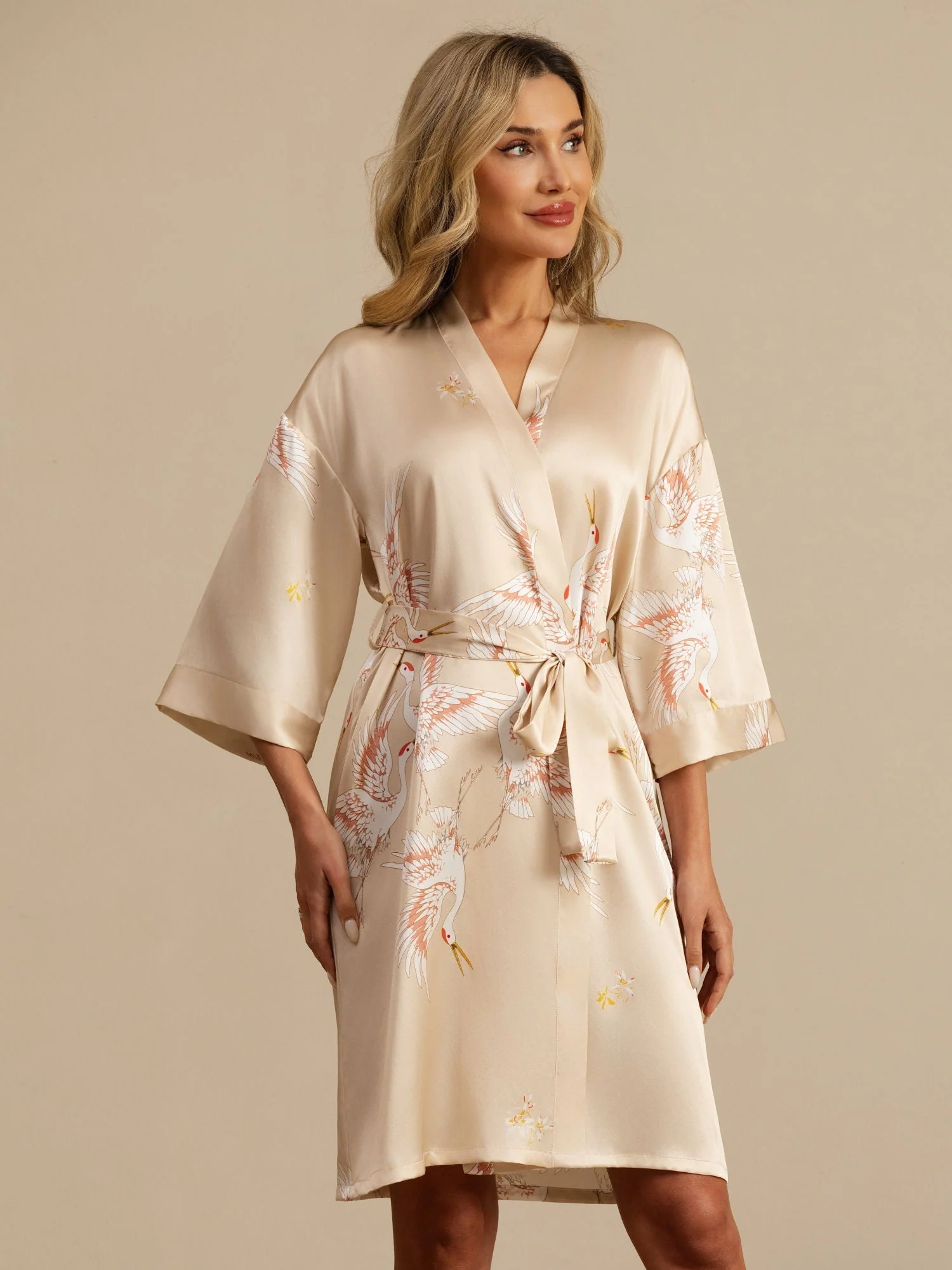 19Momme Pure Silk Crane Print Bälte Wrap Kvinna Kimono Robe - Image 39