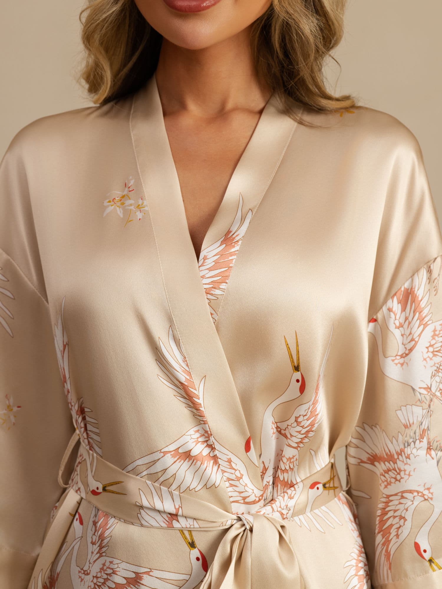 19Momme Pure Silk Crane Print Bälte Wrap Kvinna Kimono Robe - Image 41
