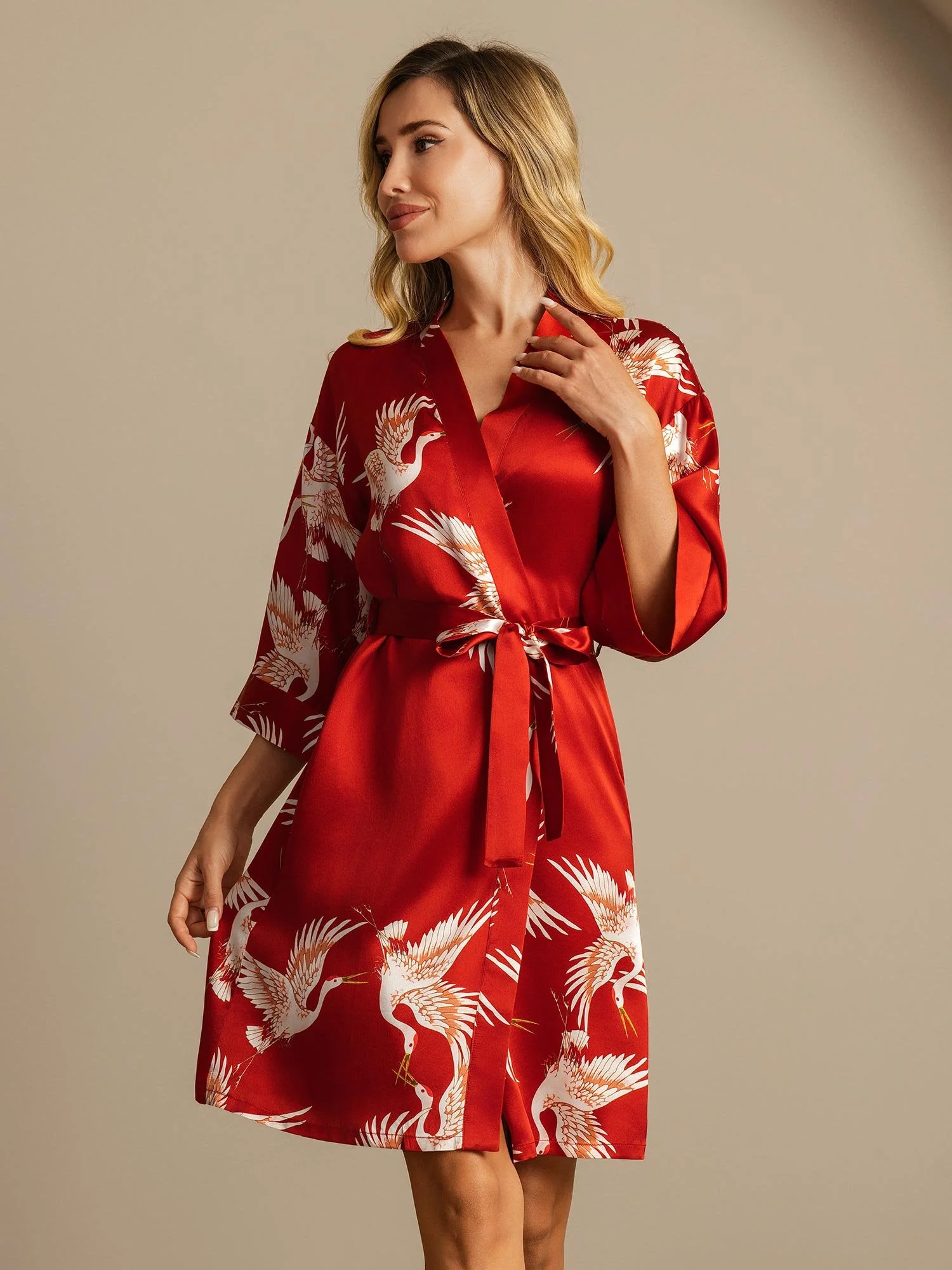 19Momme Pure Silk Crane Print Bälte Wrap Kvinna Kimono Robe - Image 6