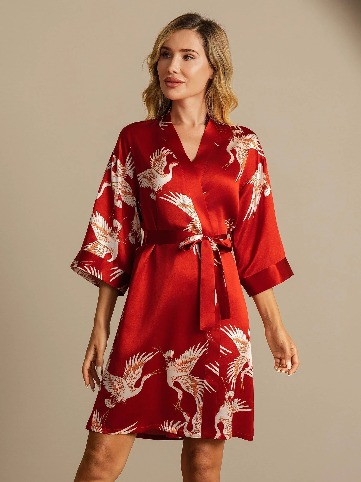 19Momme Pure Silk Crane Print Bälte Wrap Kvinna Kimono Robe - Image 7