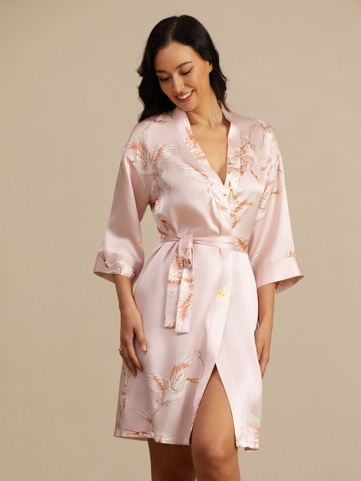 19Momme Pure Silk Crane Print Bälte Wrap Kvinna Kimono Robe - Image 9