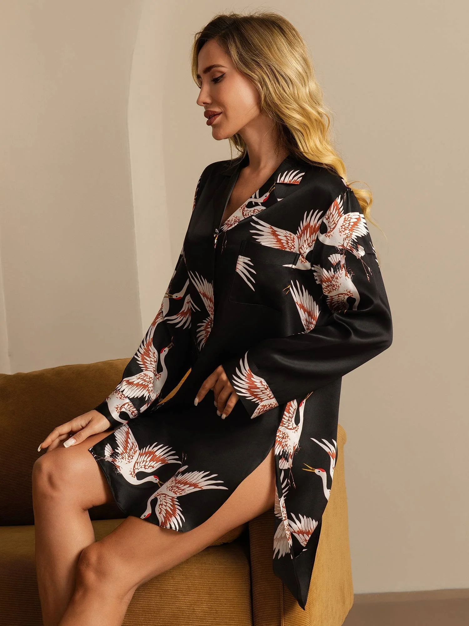 19Momme Pure Silk Crane Print Nattlinne med High-Low Söm - Image 15