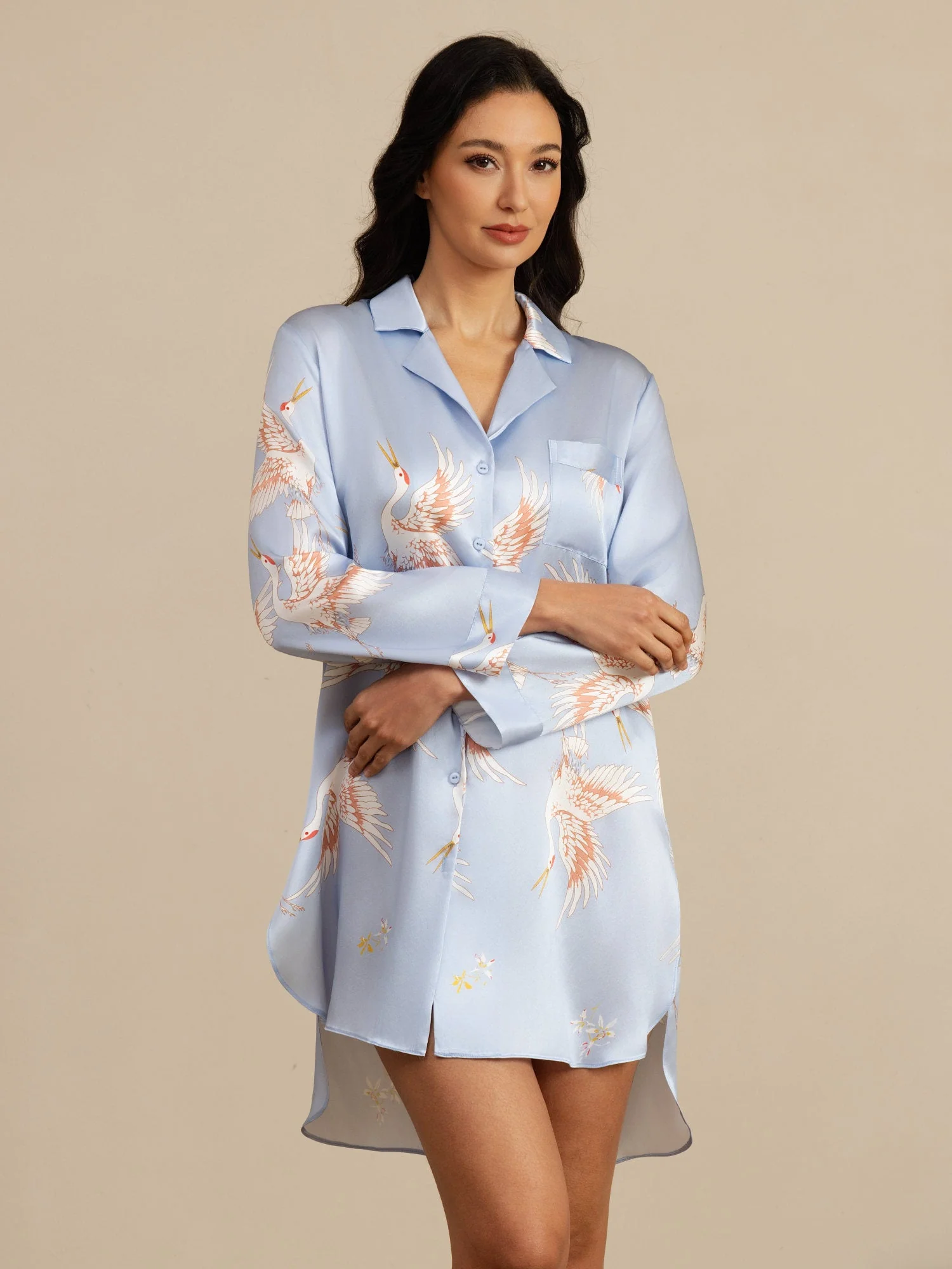 19Momme Pure Silk Crane Print Nattlinne med High-Low Söm - Image 26