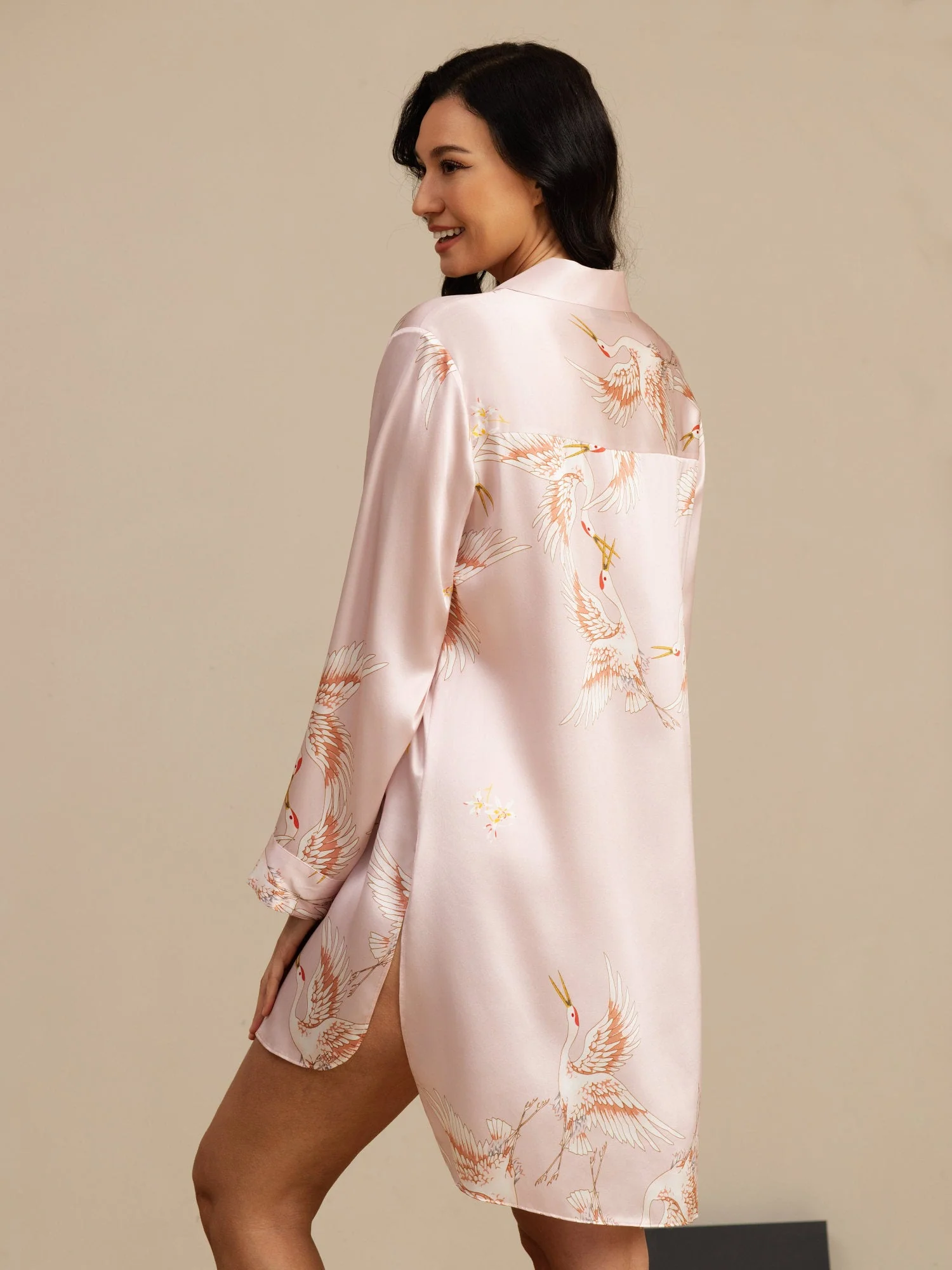 19Momme Pure Silk Crane Print Nattlinne med High-Low Söm - Image 32