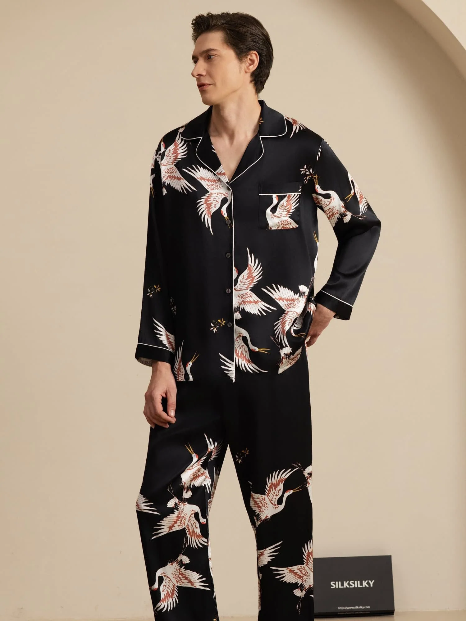 19Momme Ren Silke Herrars Träneprint Långärmad Notch Krage Pyjamas Set - Image 11