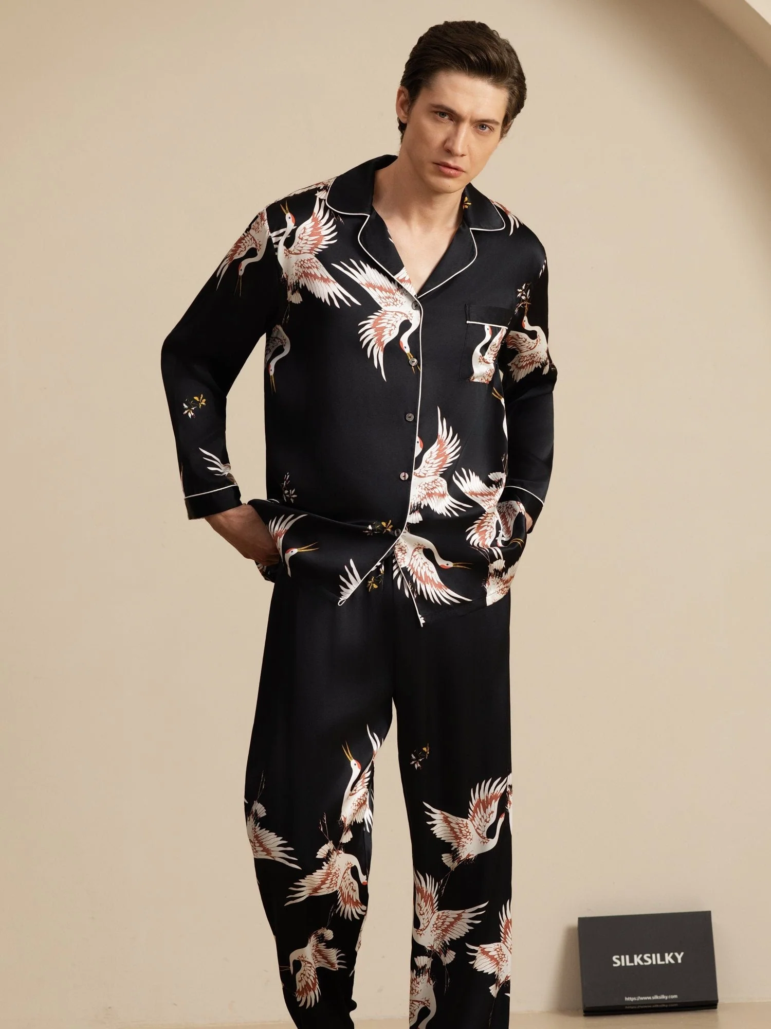 19Momme Ren Silke Herrars Träneprint Långärmad Notch Krage Pyjamas Set - Image 12