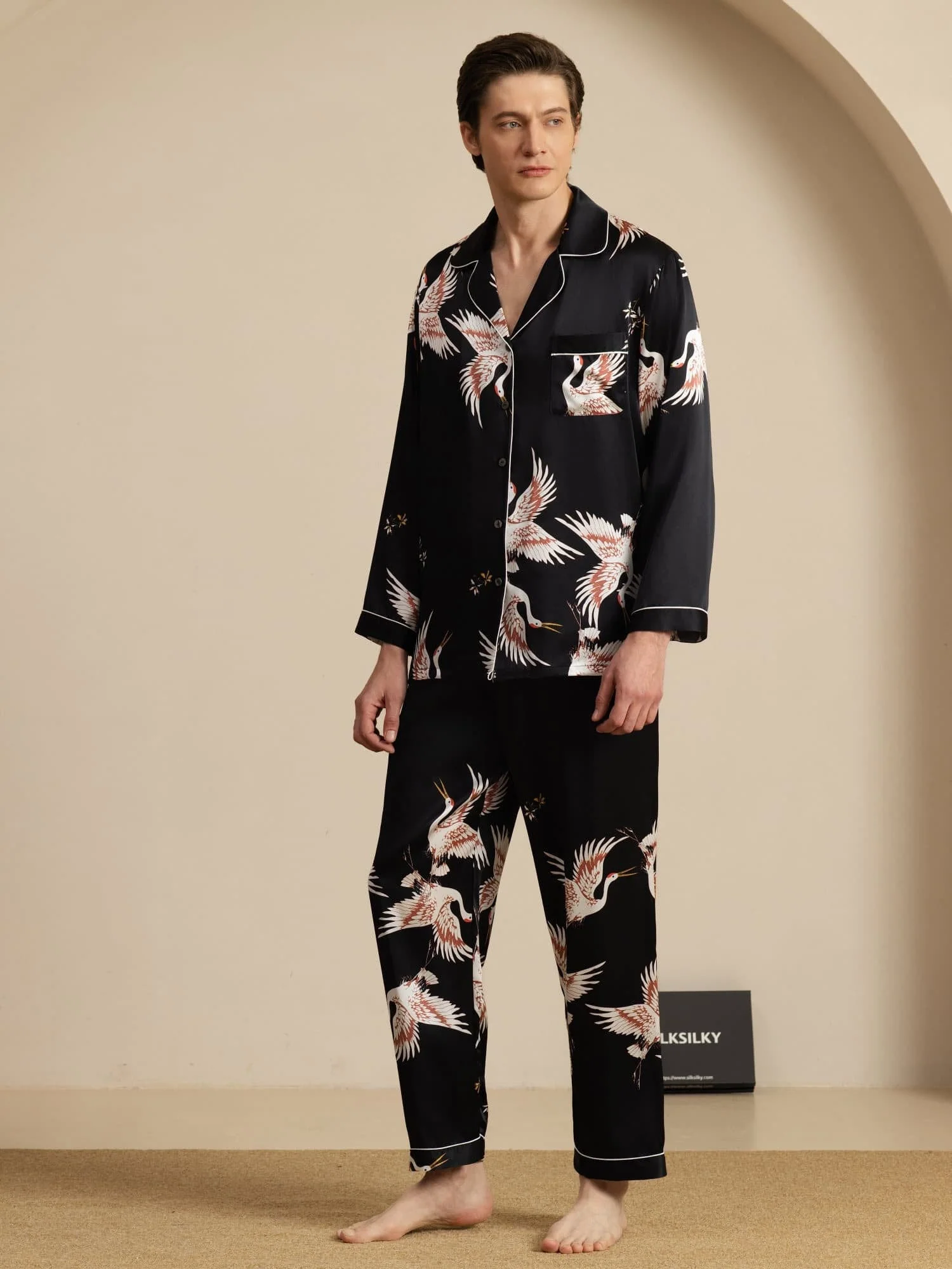 19Momme Ren Silke Herrars Träneprint Långärmad Notch Krage Pyjamas Set - Image 14