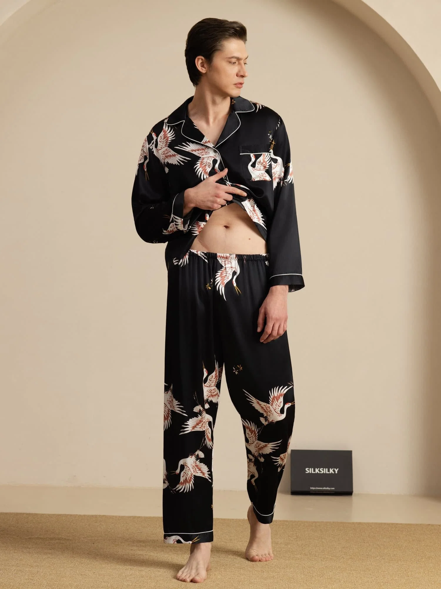 19Momme Ren Silke Herrars Träneprint Långärmad Notch Krage Pyjamas Set - Image 16