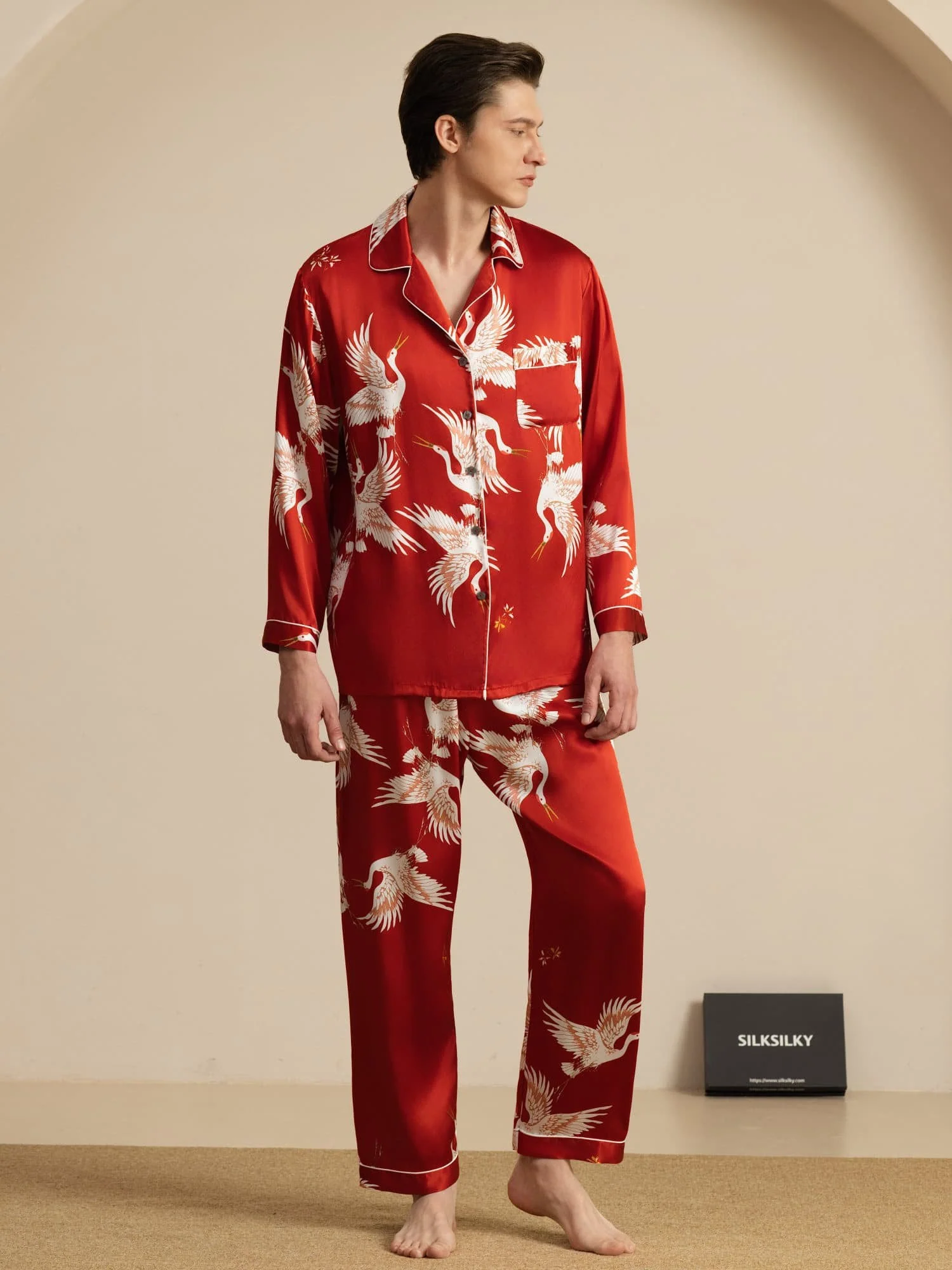 19Momme Ren Silke Herrars Träneprint Långärmad Notch Krage Pyjamas Set - Image 17