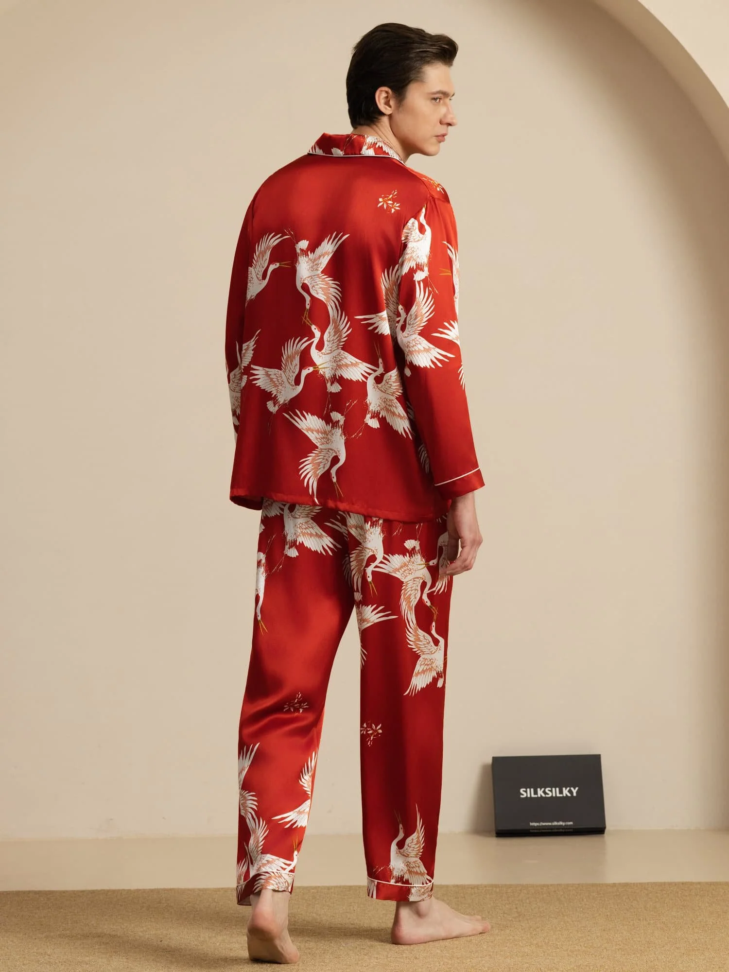 19Momme Ren Silke Herrars Träneprint Långärmad Notch Krage Pyjamas Set - Image 18