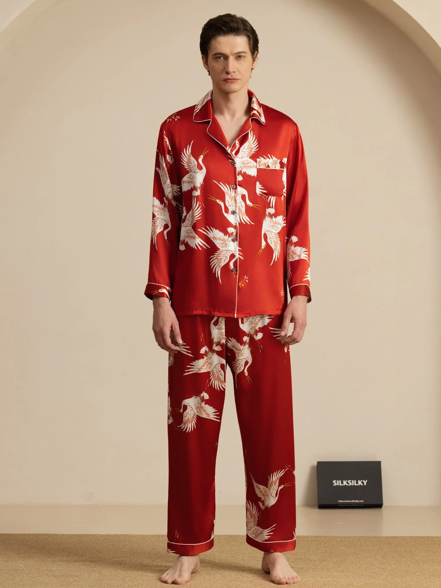 19Momme Ren Silke Herrars Träneprint Långärmad Notch Krage Pyjamas Set - Image 19