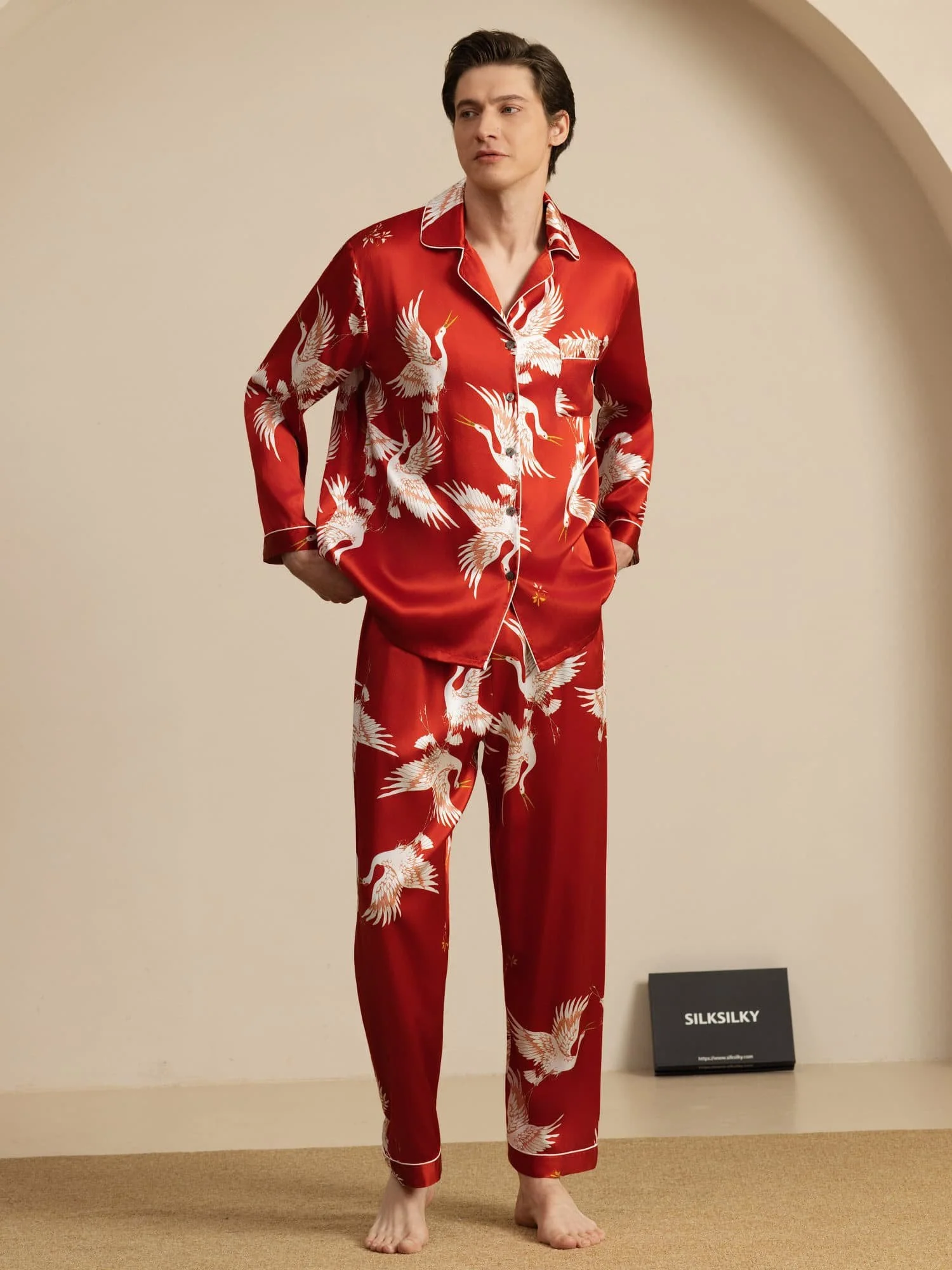 19Momme Ren Silke Herrars Träneprint Långärmad Notch Krage Pyjamas Set - Image 20