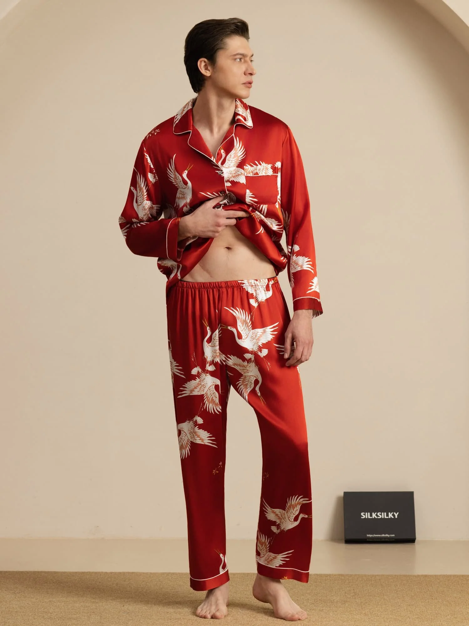 19Momme Ren Silke Herrars Träneprint Långärmad Notch Krage Pyjamas Set - Image 21