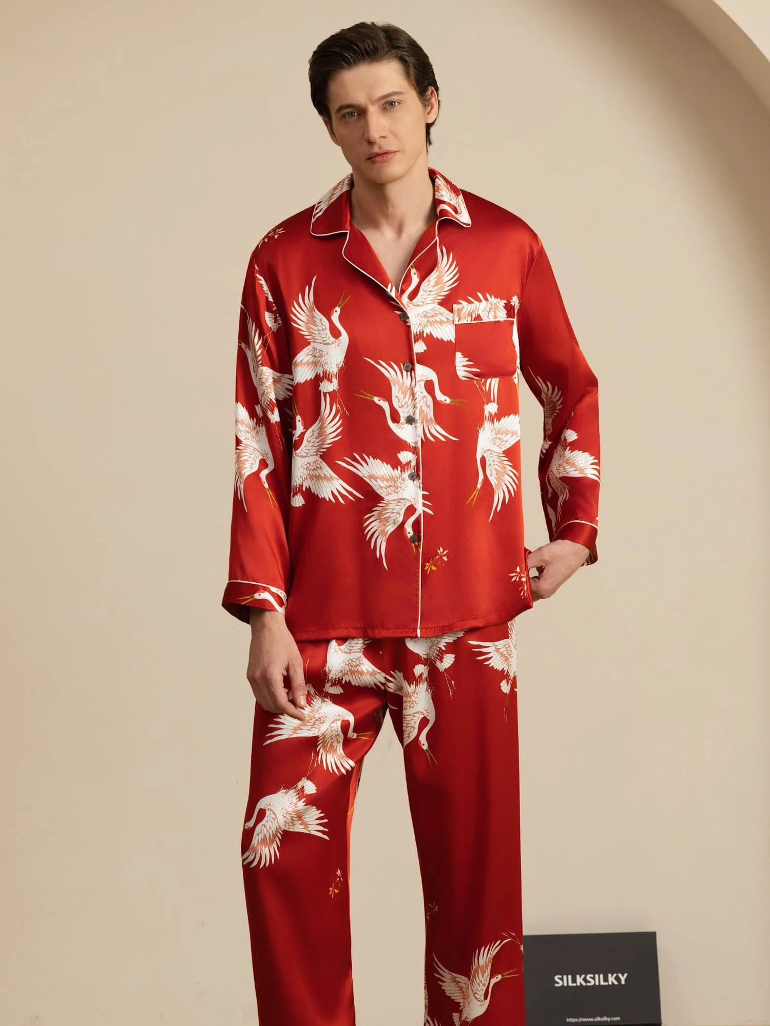 19Momme Ren Silke Herrars Träneprint Långärmad Notch Krage Pyjamas Set - Image 22