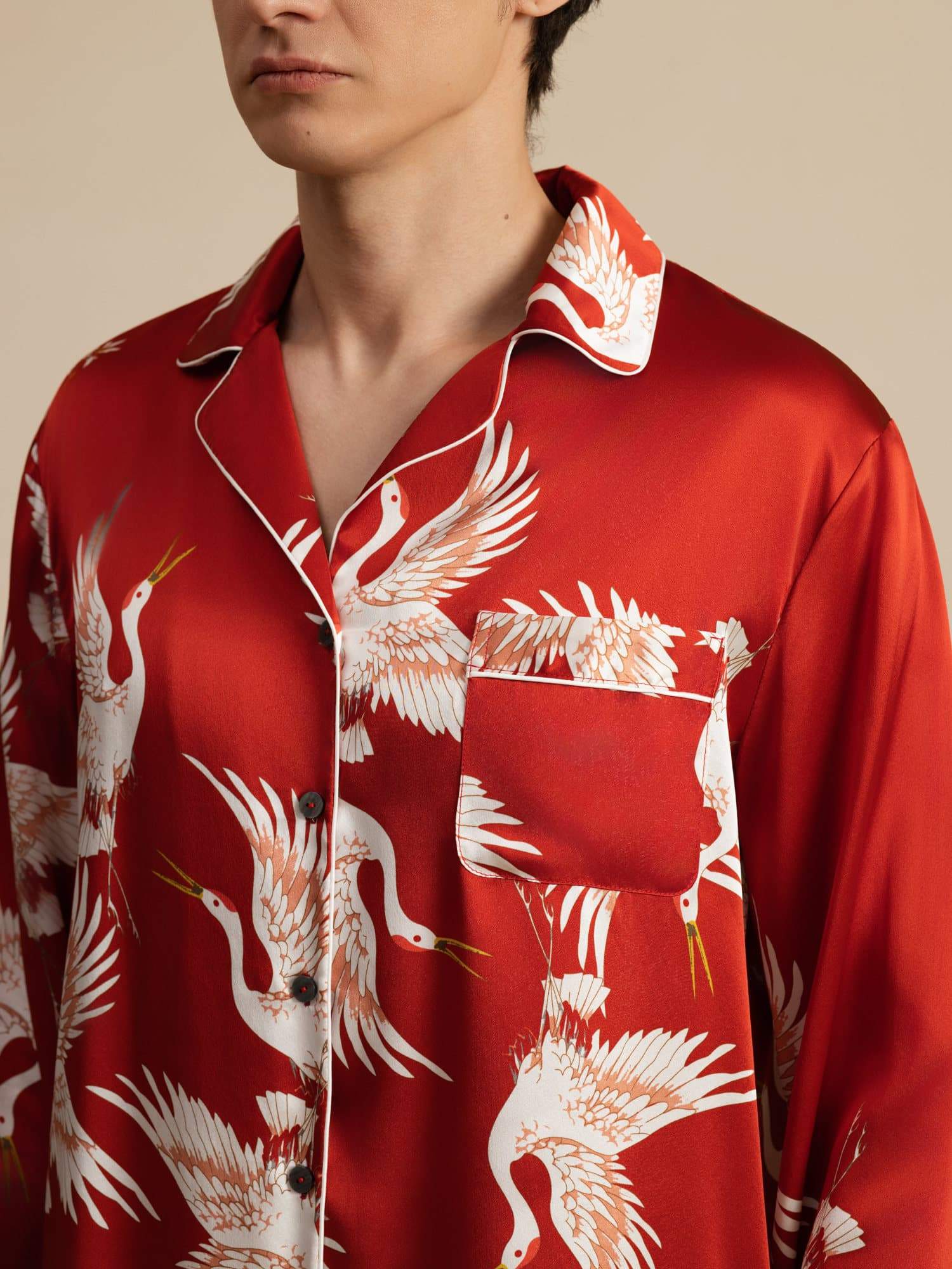 19Momme Ren Silke Herrars Träneprint Långärmad Notch Krage Pyjamas Set - Image 23