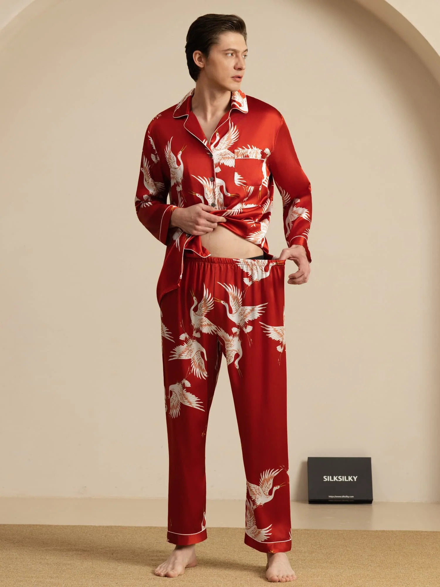 19Momme Ren Silke Herrars Träneprint Långärmad Notch Krage Pyjamas Set - Image 24