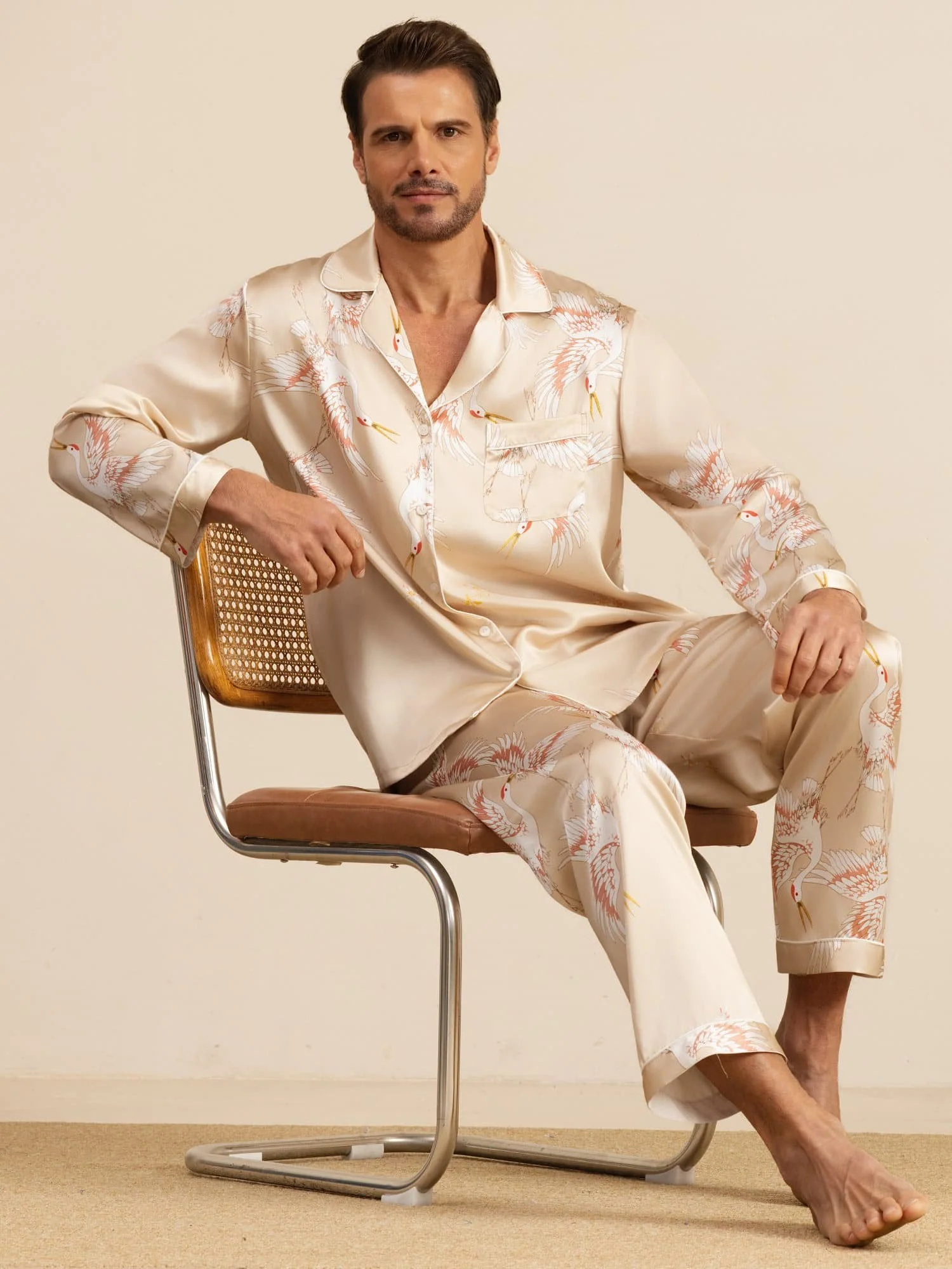 19Momme Ren Silke Herrars Träneprint Långärmad Notch Krage Pyjamas Set - Image 25