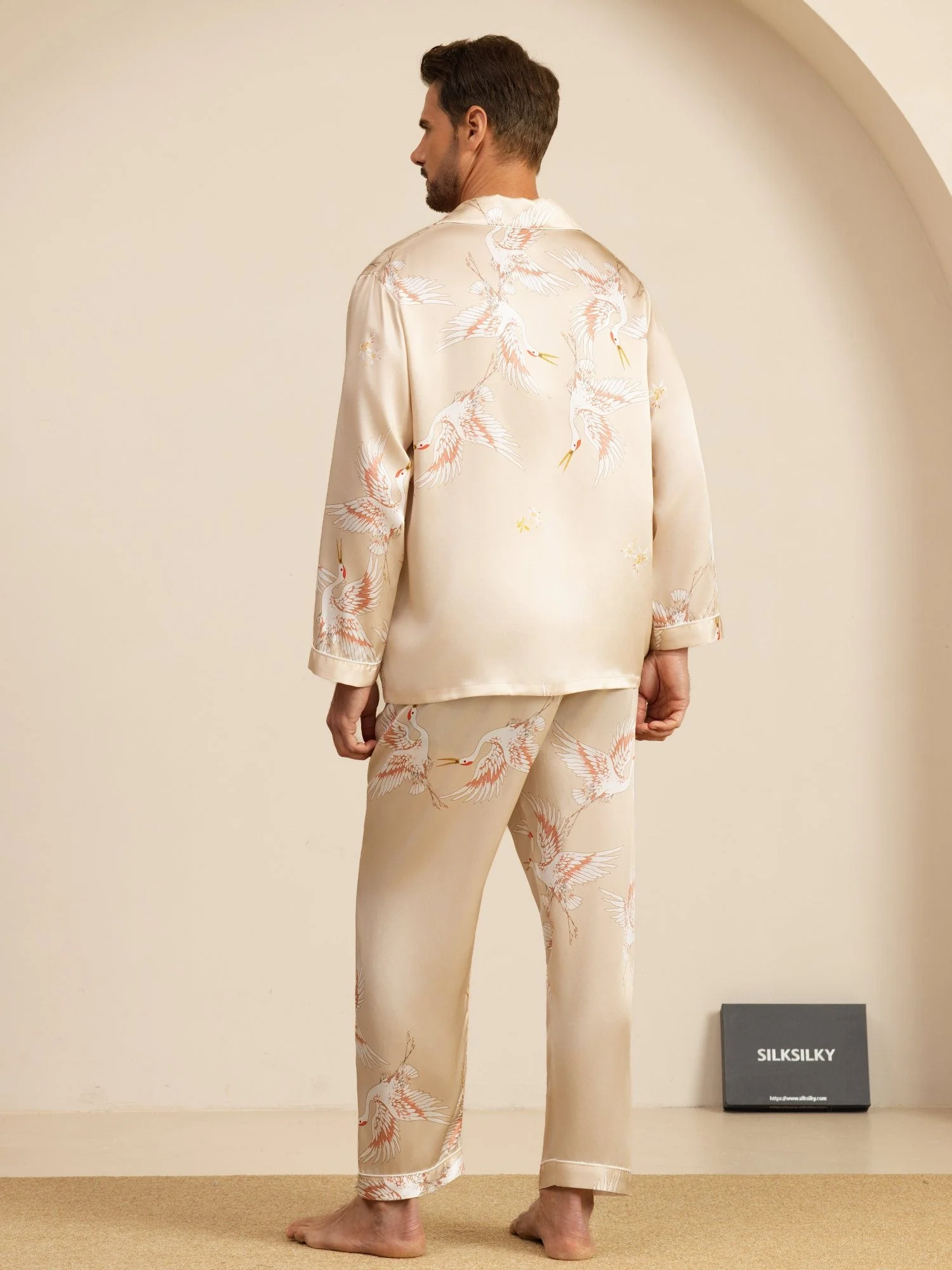 19Momme Ren Silke Herrars Träneprint Långärmad Notch Krage Pyjamas Set - Image 26