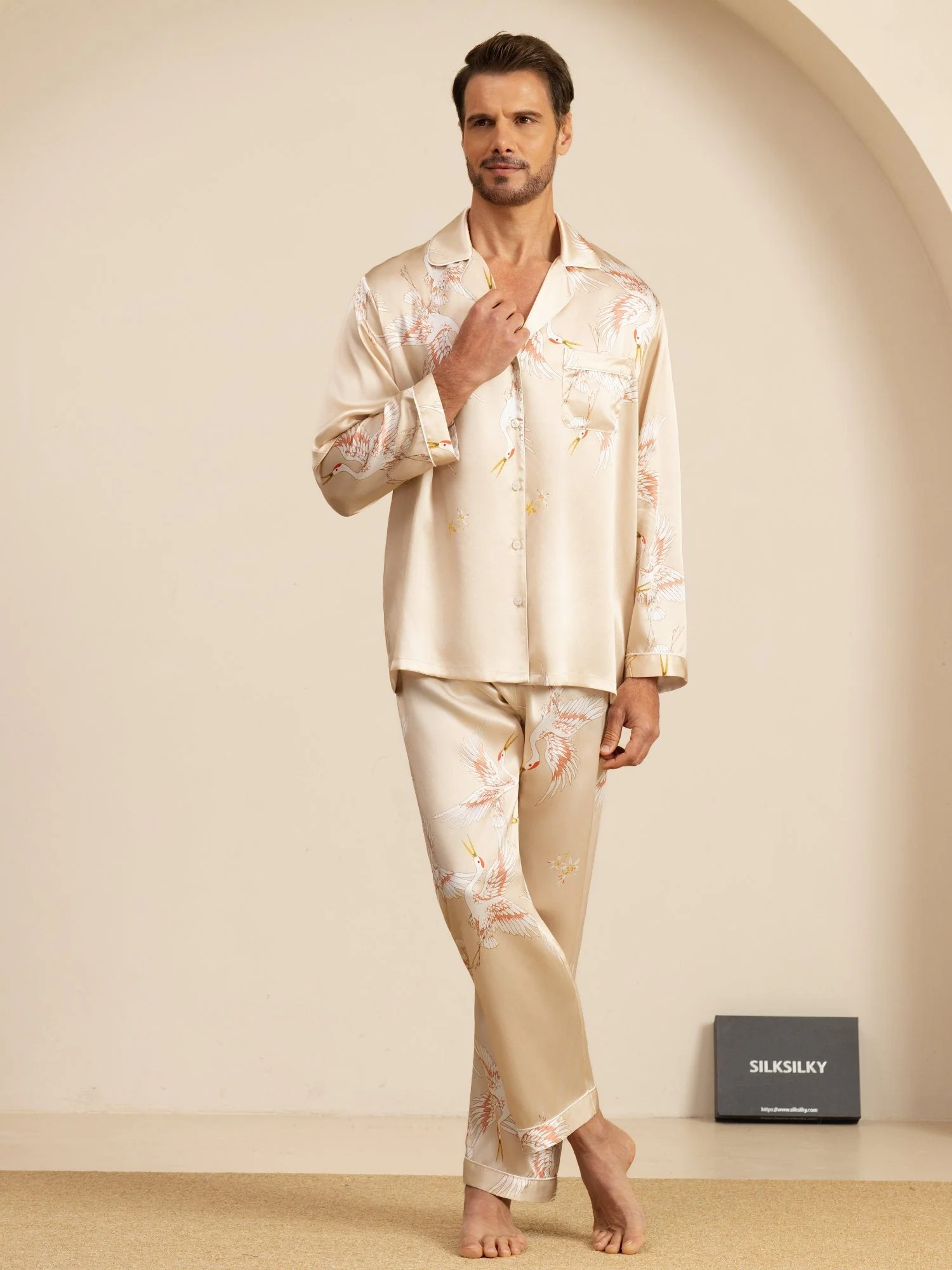 19Momme Ren Silke Herrars Träneprint Långärmad Notch Krage Pyjamas Set - Image 27