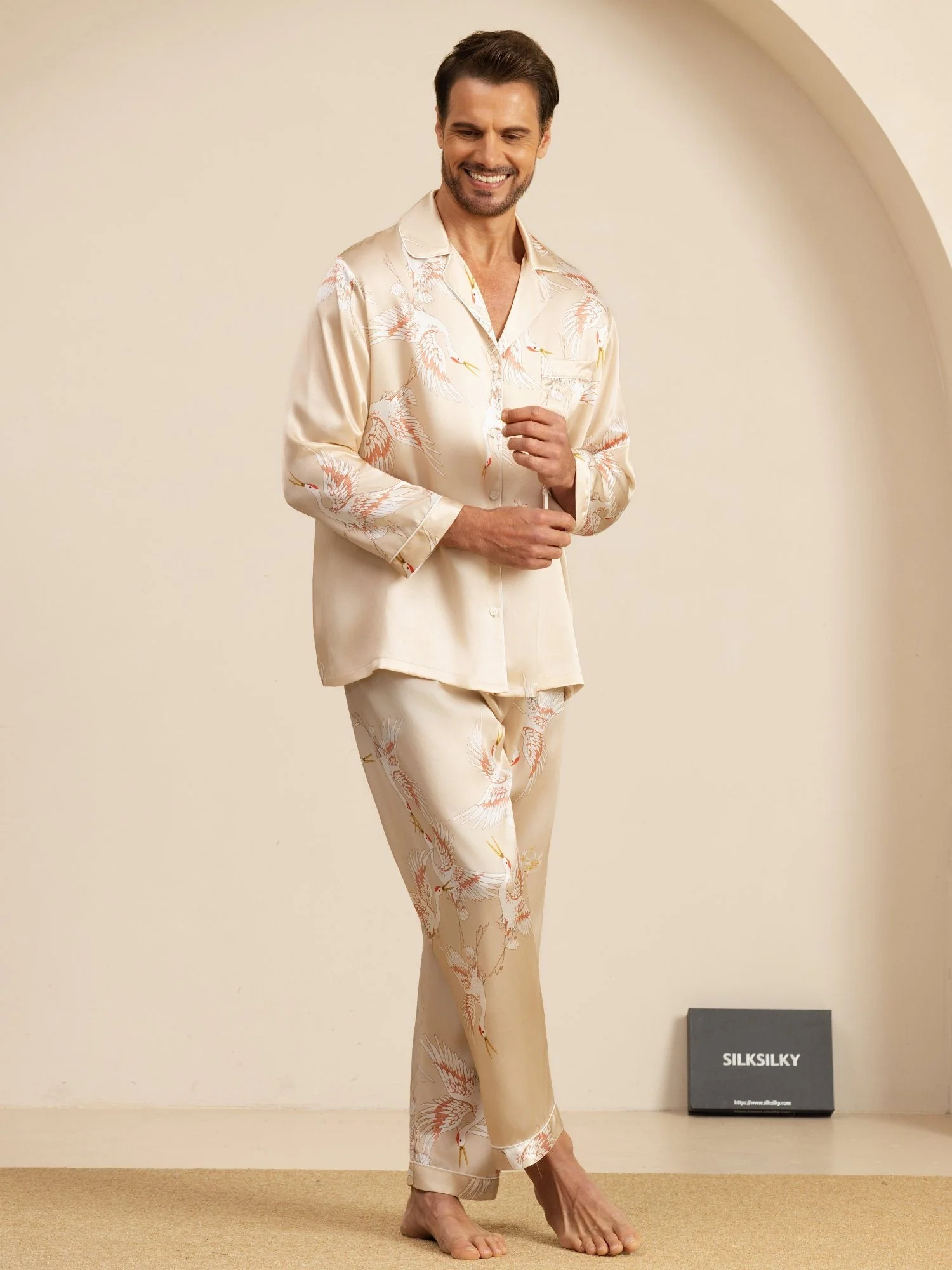 19Momme Ren Silke Herrars Träneprint Långärmad Notch Krage Pyjamas Set - Image 28