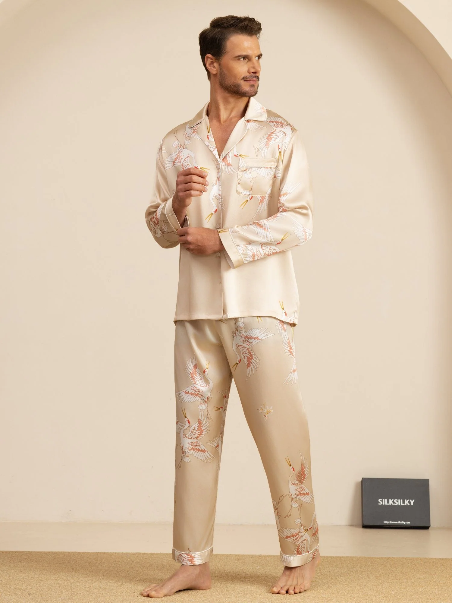 19Momme Ren Silke Herrars Träneprint Långärmad Notch Krage Pyjamas Set - Image 29
