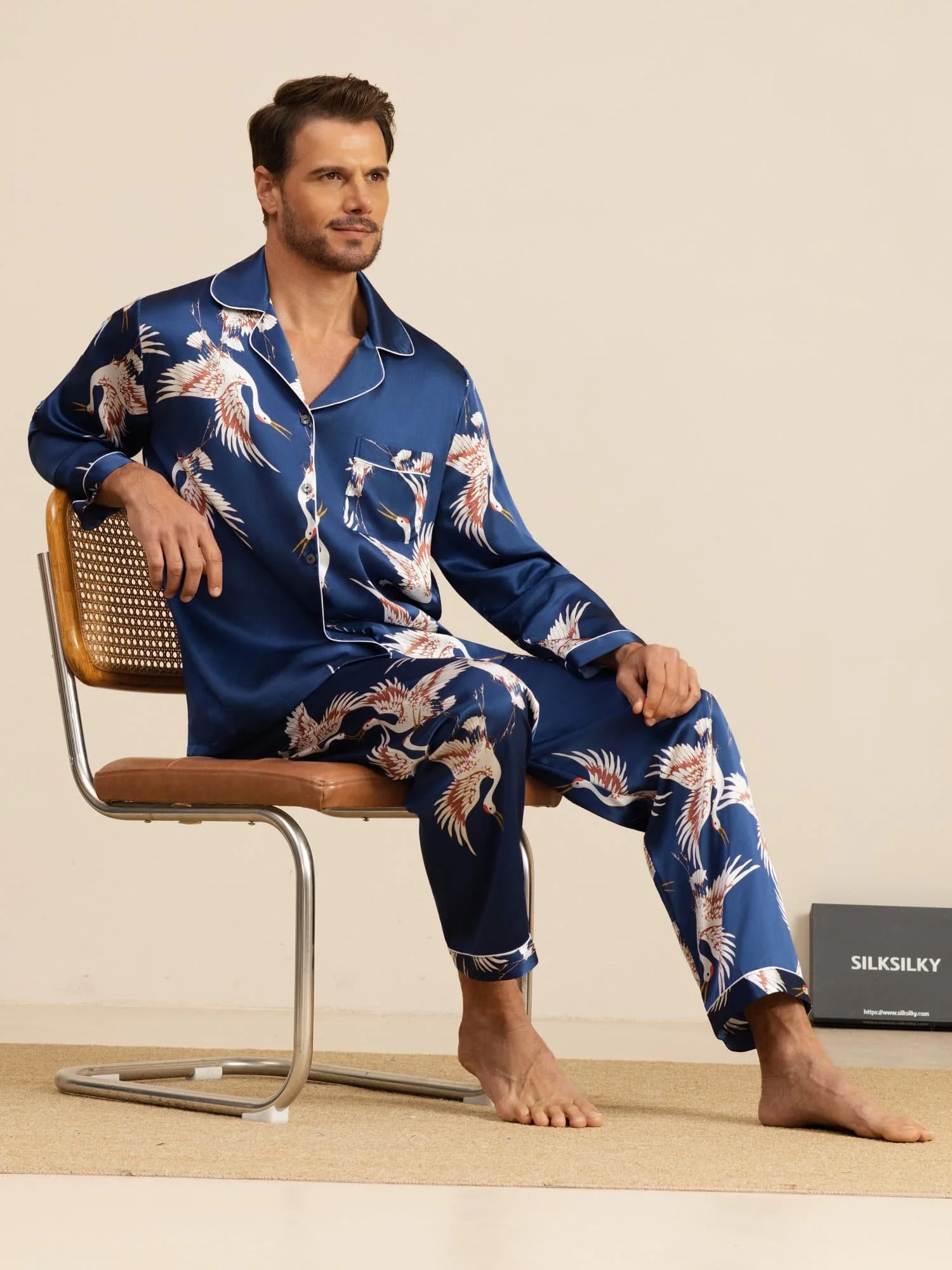 19Momme Ren Silke Herrars Träneprint Långärmad Notch Krage Pyjamas Set - Image 8