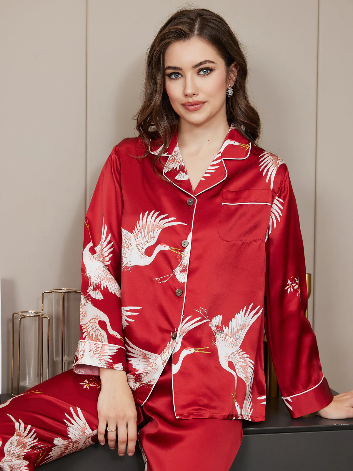 19Momme Damers Pyjamaset I Ren Siden Med Tranmönster Och Långärmad Design - Image 36
