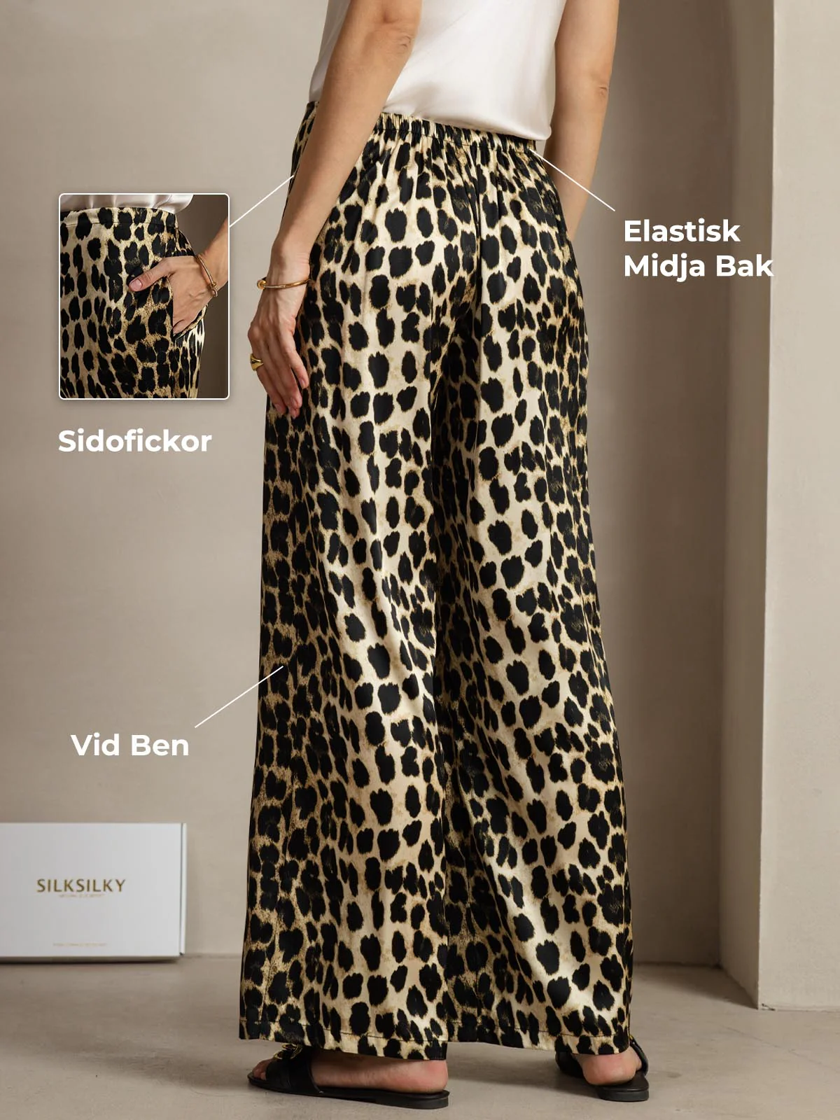 19Momme Siden Leopardtryck Vida Dambyxor Med Sidfickor Design