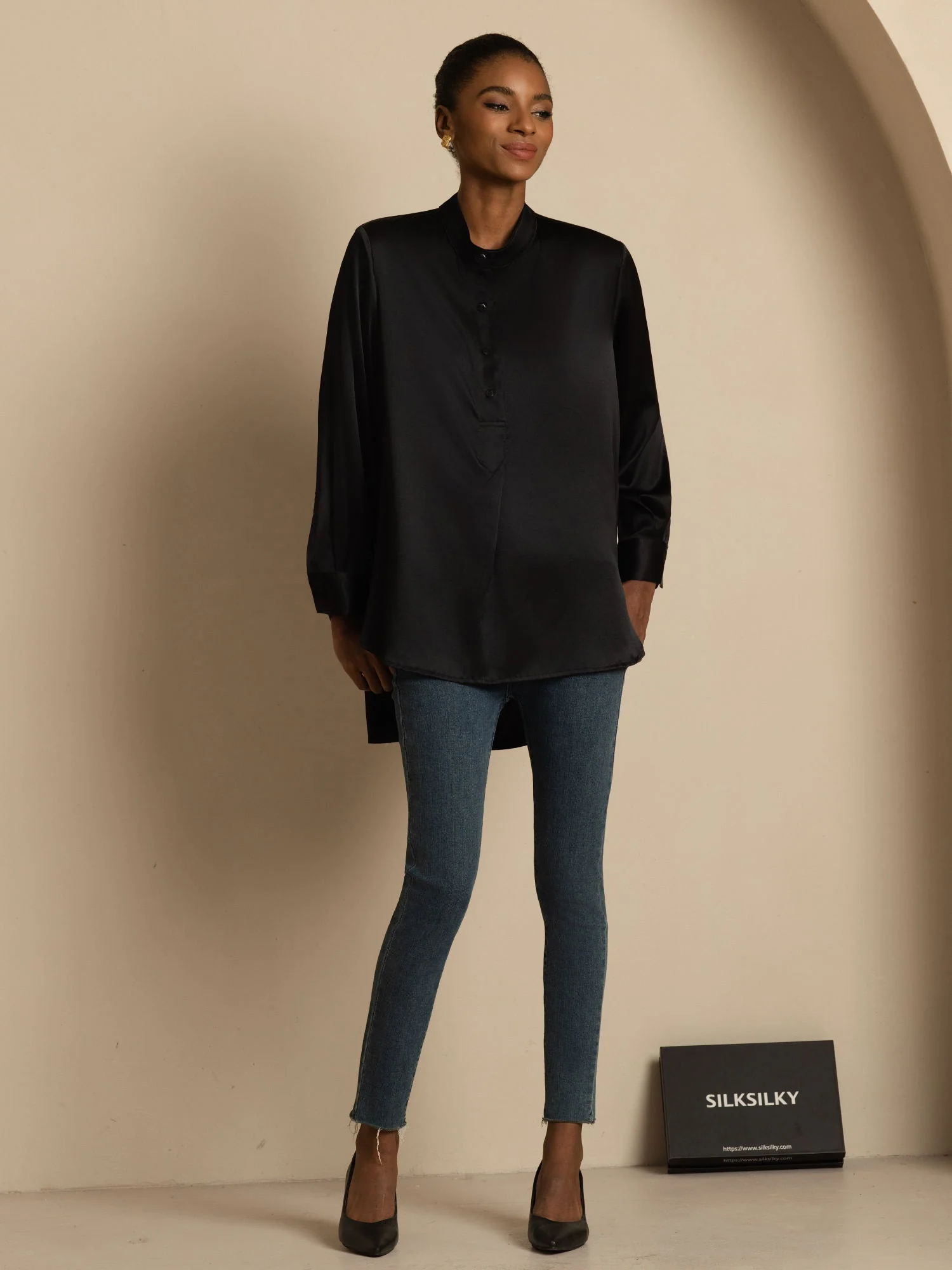 19Momme siden dam Stand Collar High-Low blus med knappdetaljer - Image 22