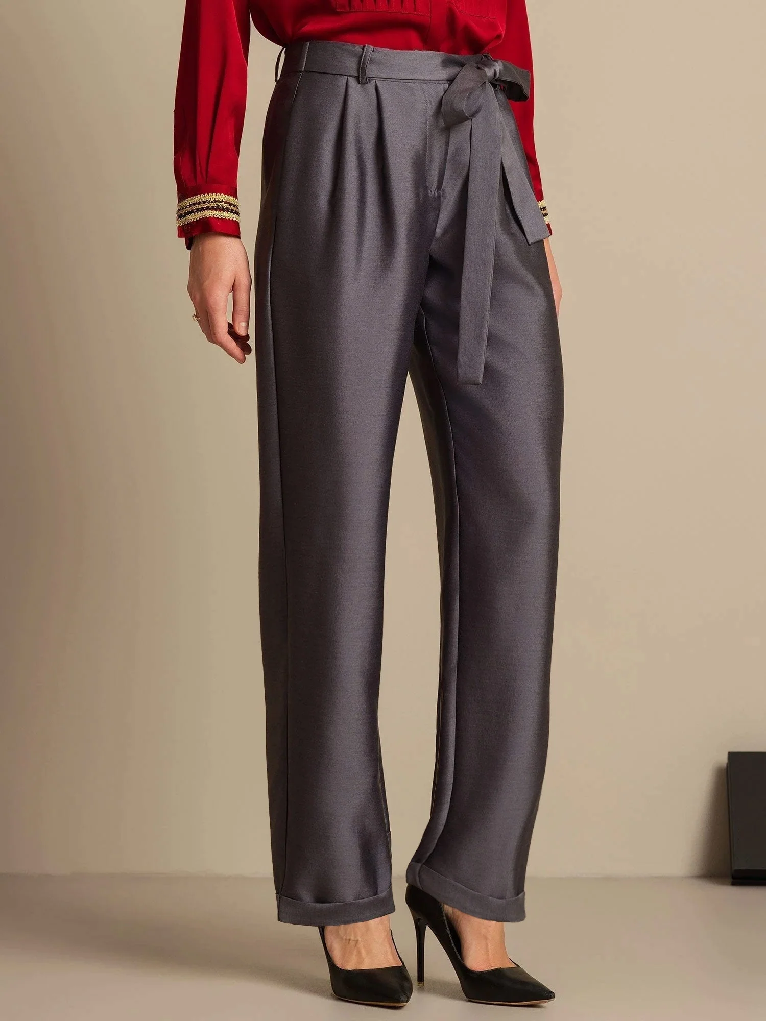 32Momme Silk-Wool Blandning Hög Midja Tapered Cropped Dambyxor med Knytmidja Design - Image 3