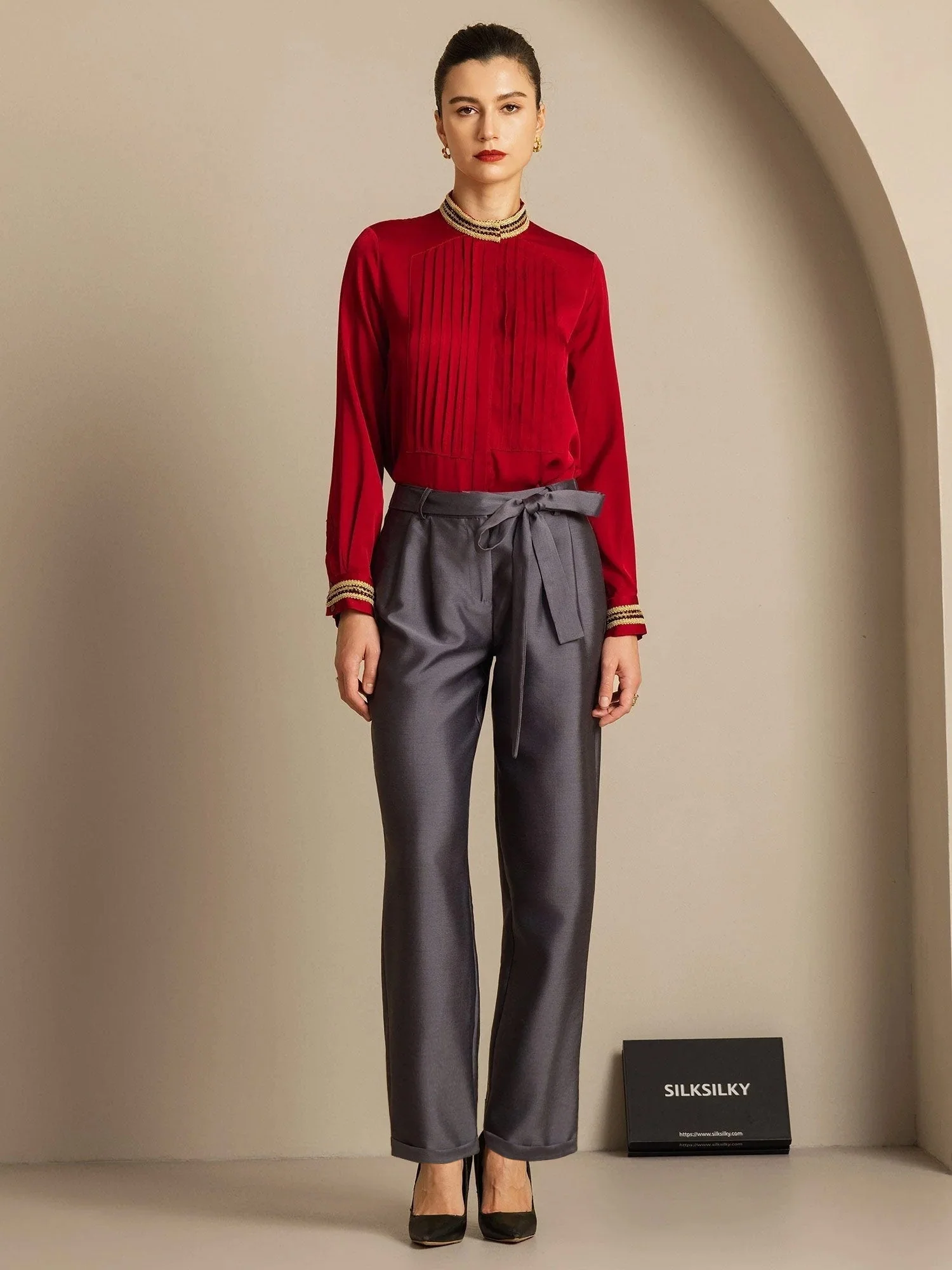 32Momme Silk-Wool Blandning Hög Midja Tapered Cropped Dambyxor med Knytmidja Design - Image 6