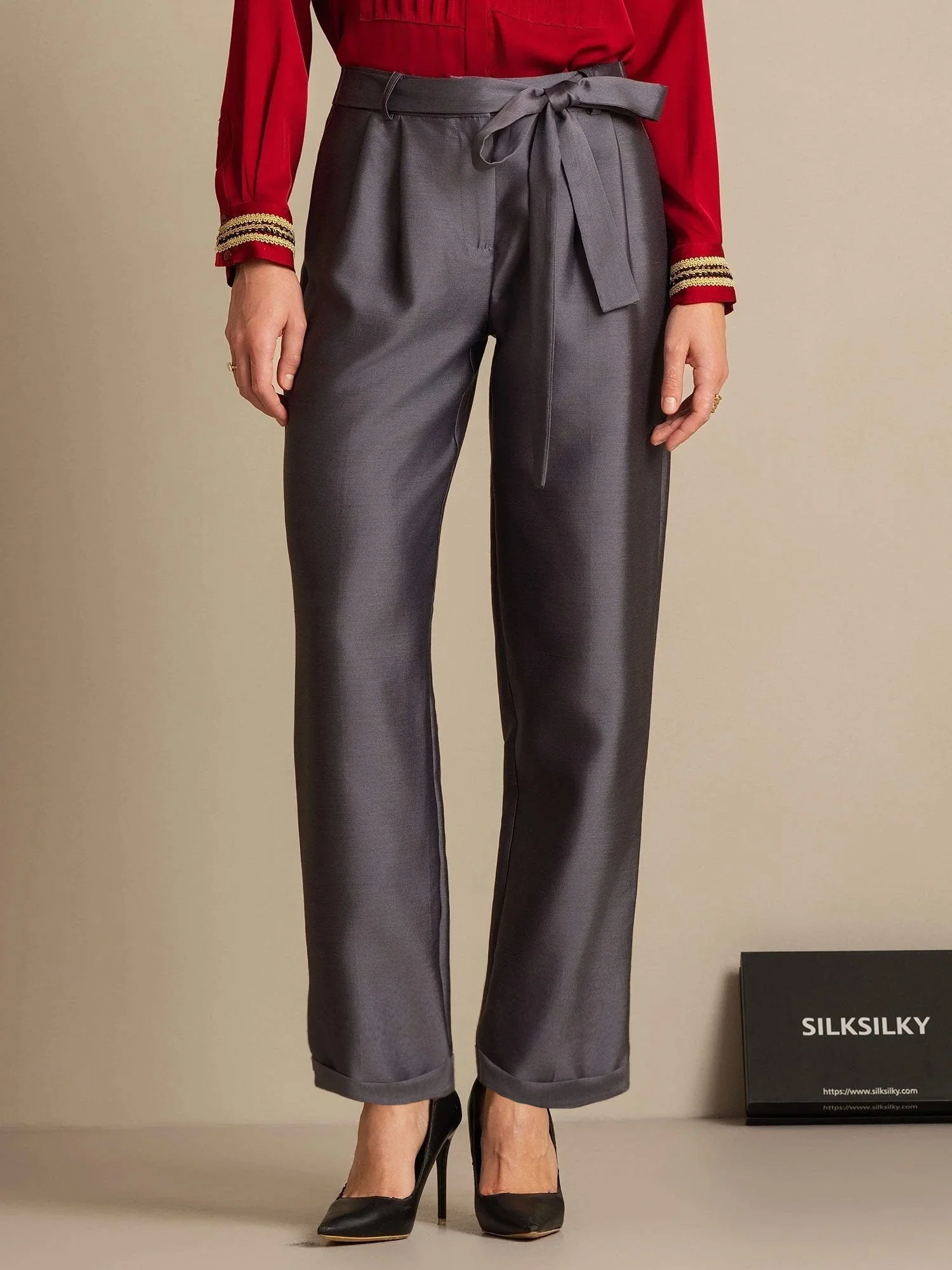 32Momme Silk-Wool Blandning Hög Midja Tapered Cropped Dambyxor med Knytmidja Design - Image 7