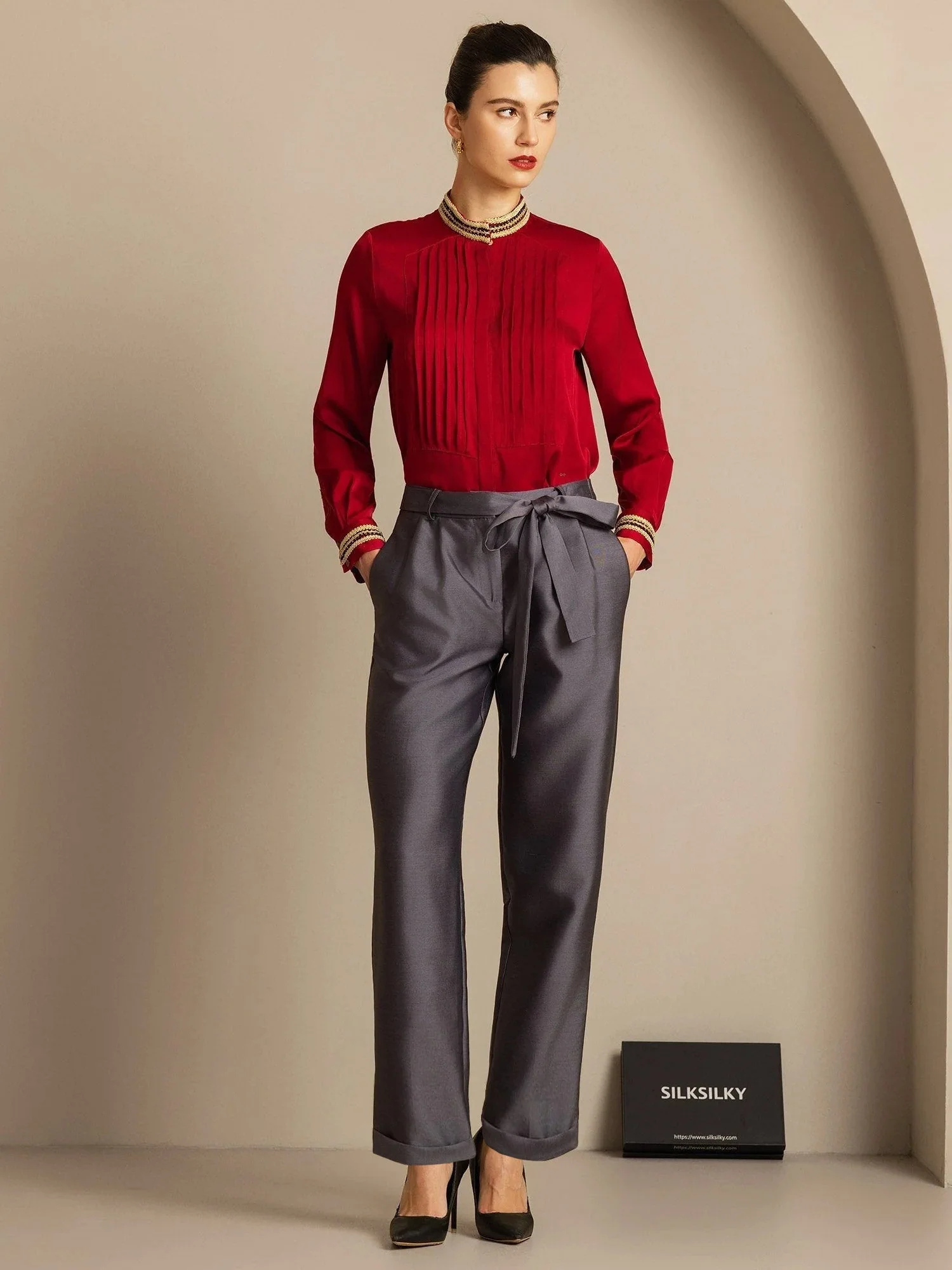 32Momme Silk-Wool Blandning Hög Midja Tapered Cropped Dambyxor med Knytmidja Design - Image 8