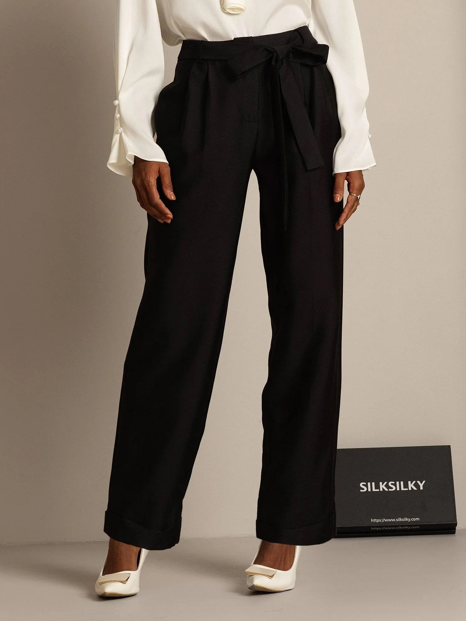 32Momme Silk-Wool Blandning Hög Midja Tapered Cropped Dambyxor med Knytmidja Design - Image 9
