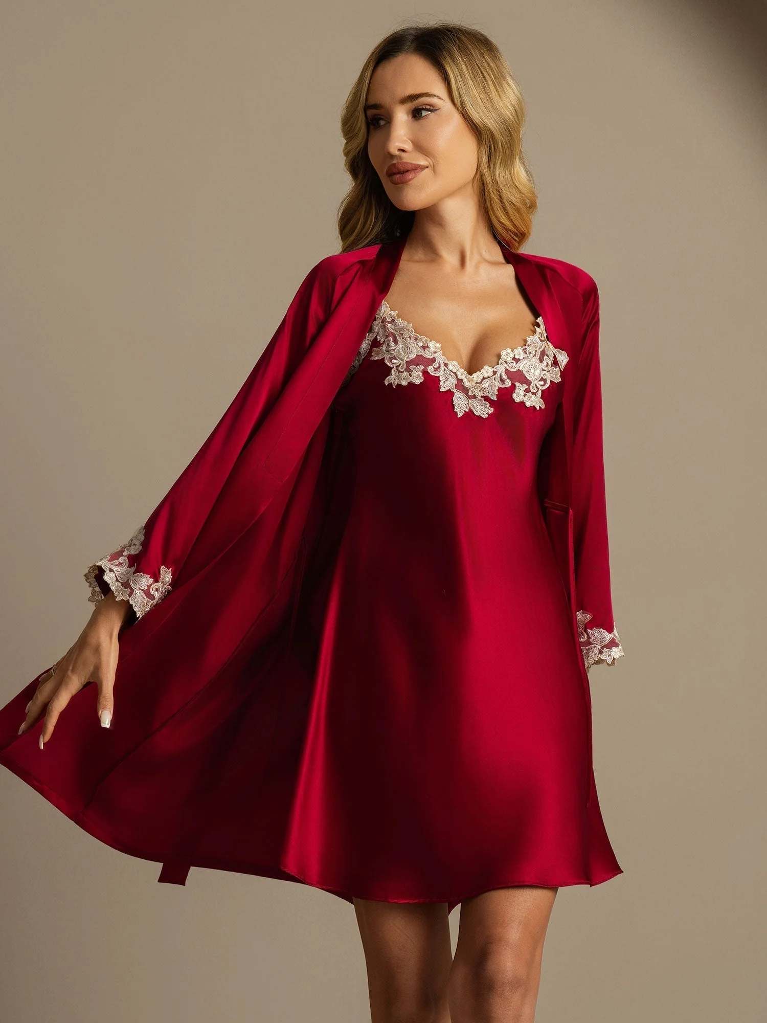 Elegant Dam Nattlinne&Morgonrock Set I Ren Siden 2-Delar - Image 19