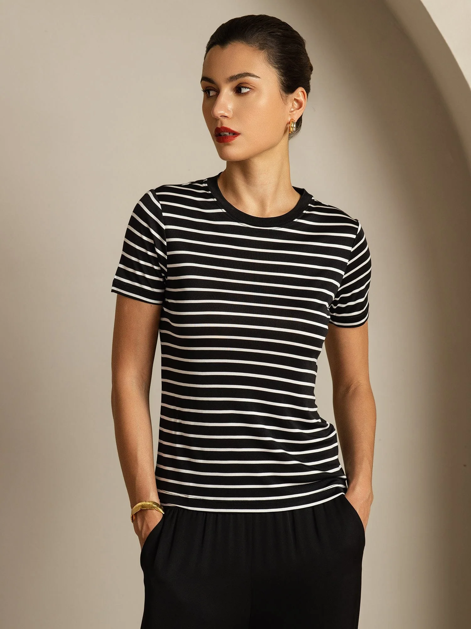 Dam Ren Siden Rund Hals Kort Ärm Sport Randig T-Shirt - Image 9