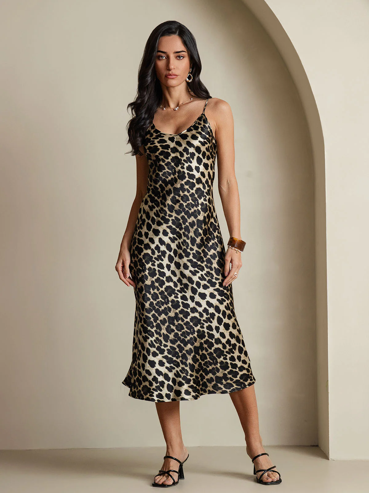 Ren Siden Leopardtryck Spaghetti Band V-Neck Midi Klänning