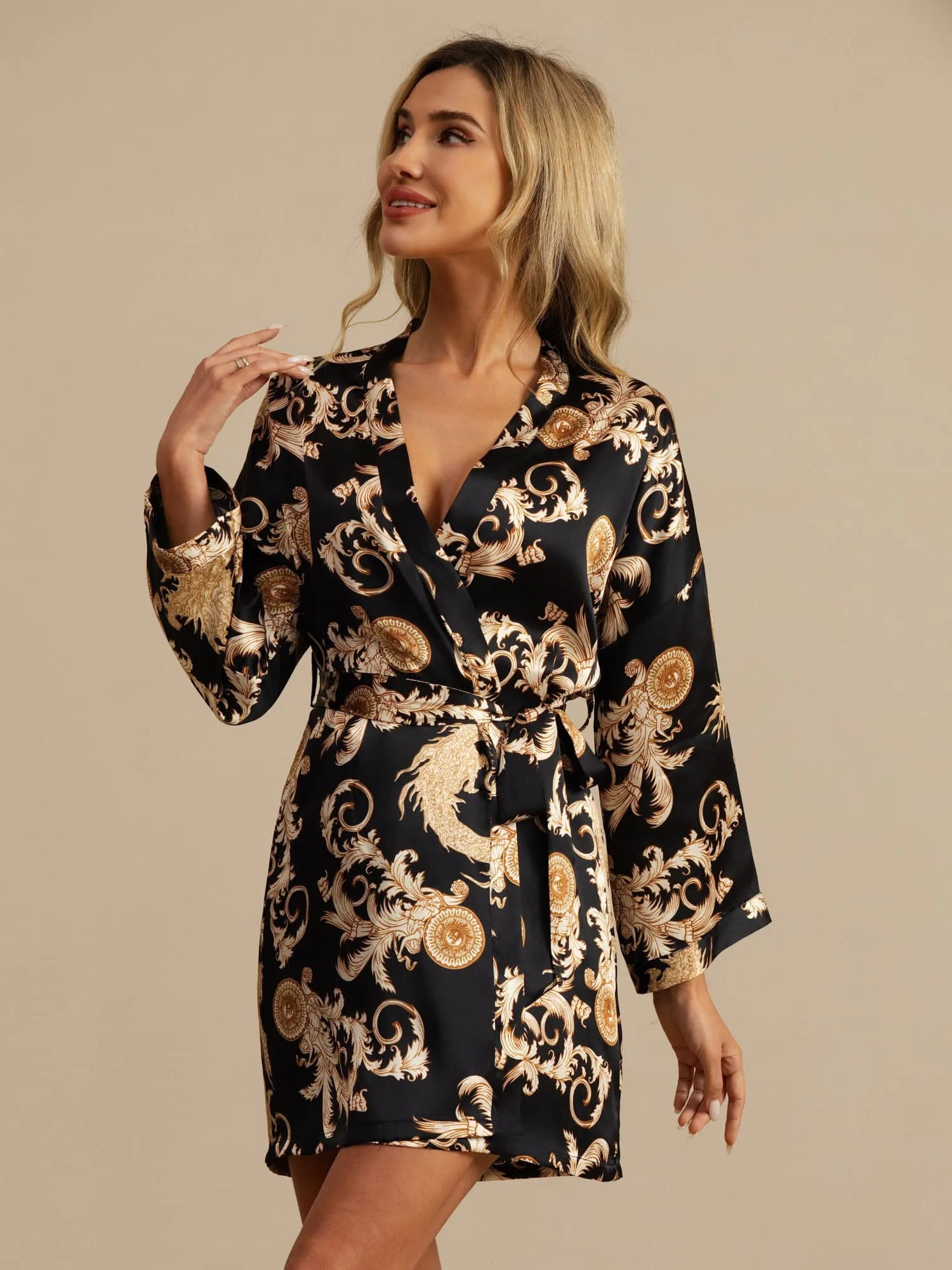 Dam Pure Silk Draktryck 3/4 Ärm Kimono Morgonrock Med Bälte